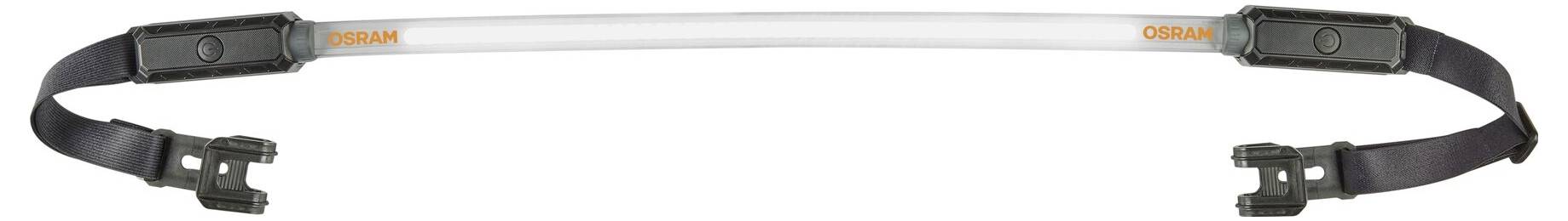 Ein weißer, gebogener LED-Streifen mit schwarzen Befestigungselementen an beiden Enden.