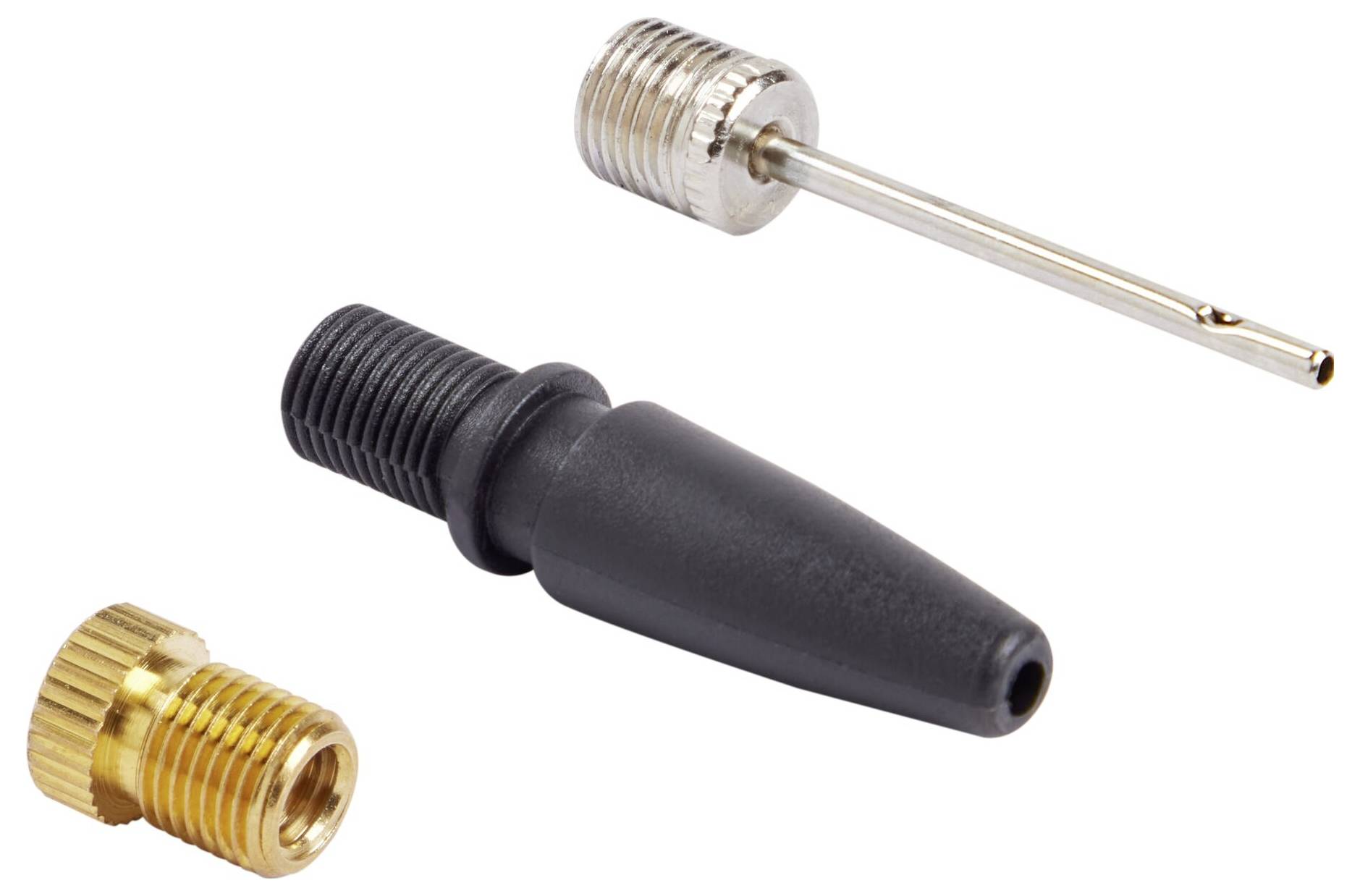 Drei Ventiladapter für aufblasbare Produkte: ein langer silberner Adapter, ein schwarzer Adapter und ein gelber Metalladapter.