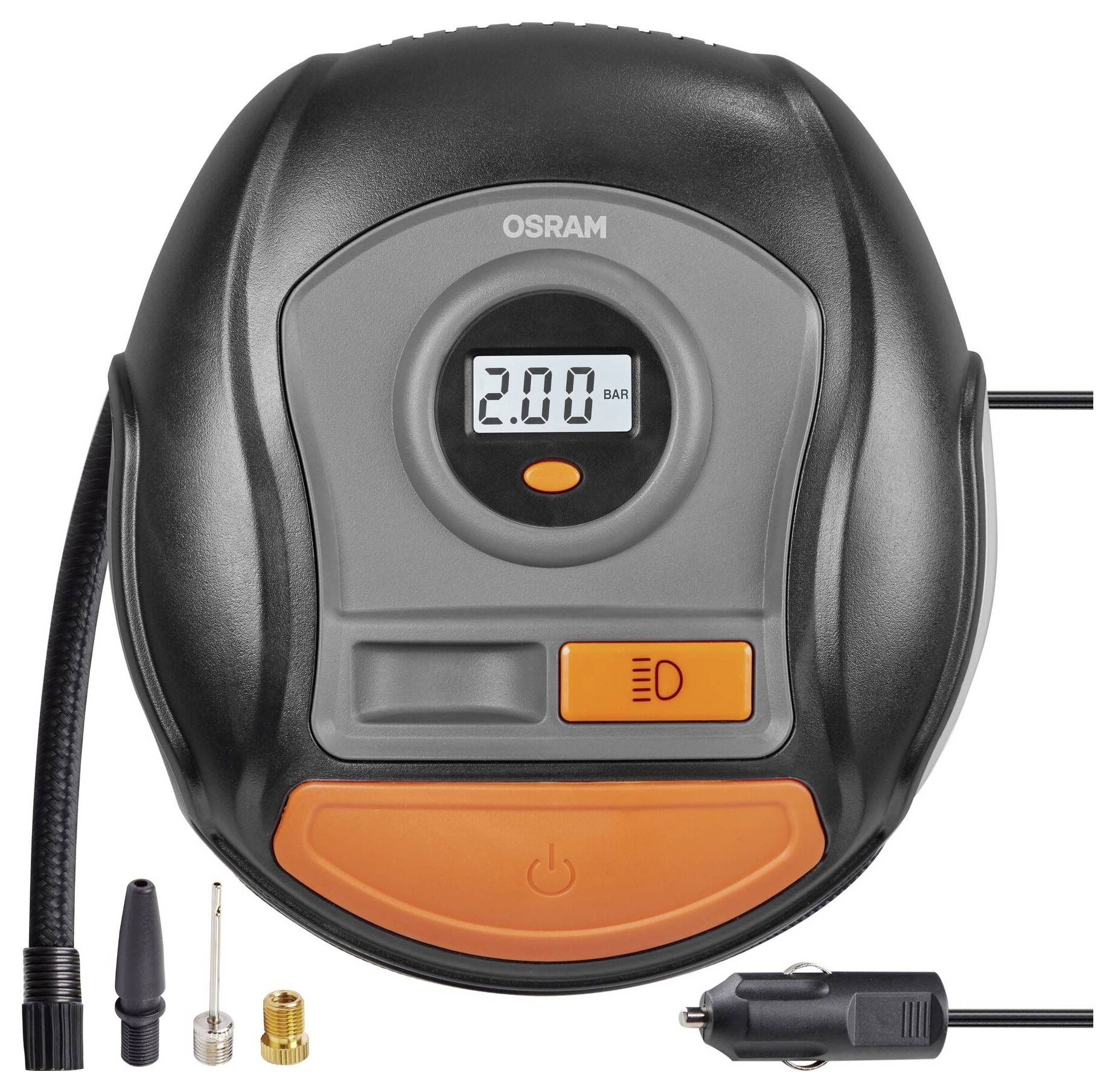 Tragbarer Luftkompressor mit digitaler Anzeige zeigt '2.00 BAR'. Enthalten ist ein Schlauch, verschiedene Düsen und ein 12V-Stecker.