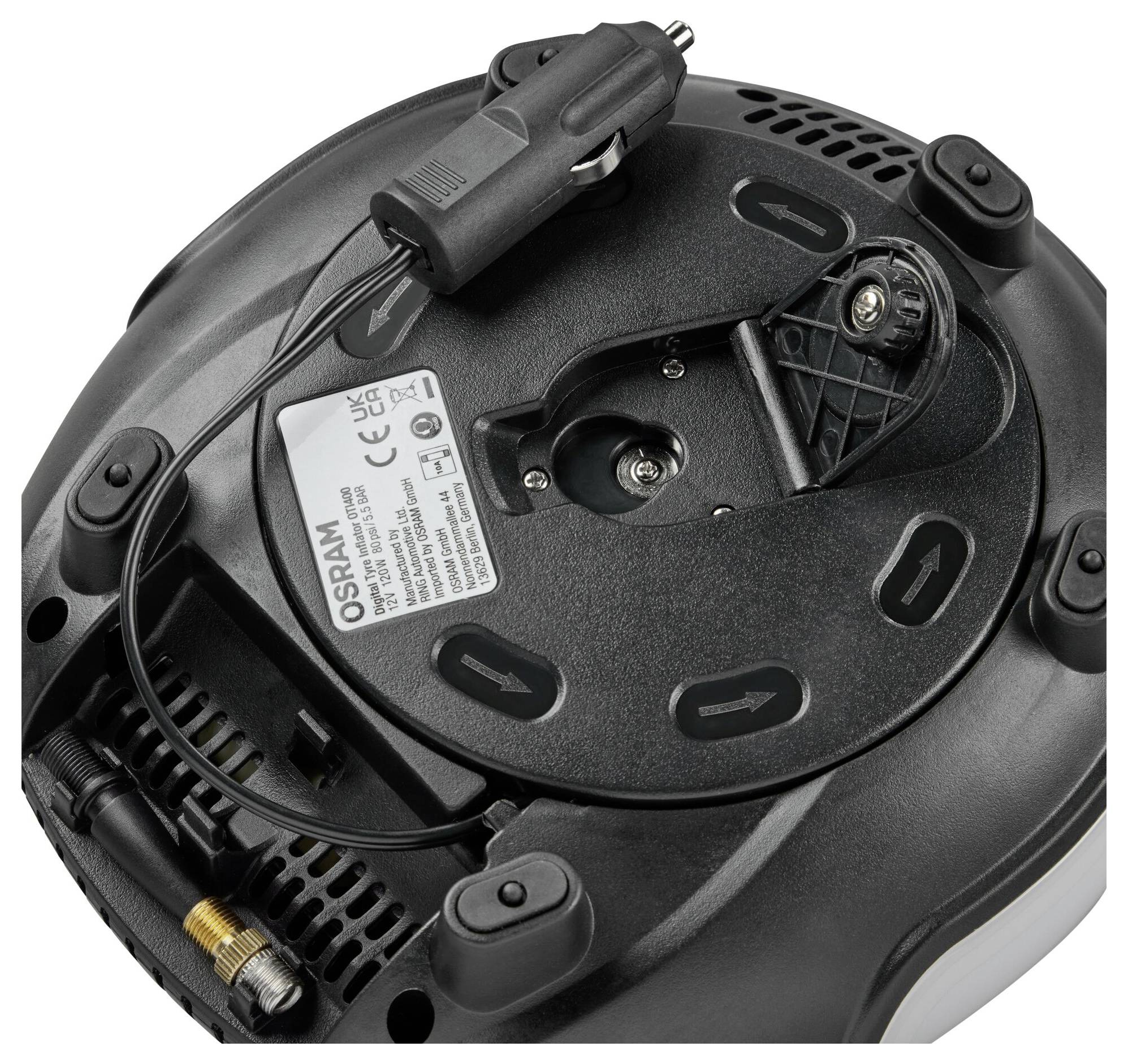 Automatischer Reifenfüller mit integriertem Druckmesser, Stromkabel und Ventilanschluss. Geeignet für Autoreifen.