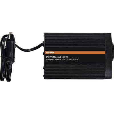 'OSRAM POWERinvert 150W' Wechselrichter, Umwandlung von 12V DC zu 230V AC, kompakt, schwarzes Design, Anschlusskabel sichtbar.