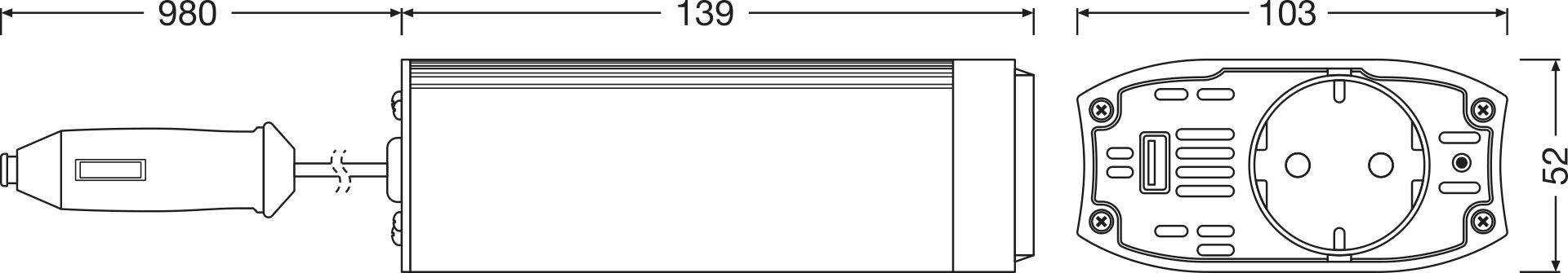 Technische Zeichnung eines zylindrischen Geräts mit Abmessungen: Länge 980 mm, Breite 139 mm, Höhe 52 mm, Ansicht von oben und Seite.