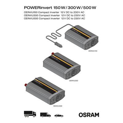 Drei Spannungswandler der Marke OSRAM mit den Modellen OEINVU150, OEINVU300 und OEINVU500. Alle wandeln 12V DC in 230V AC um.