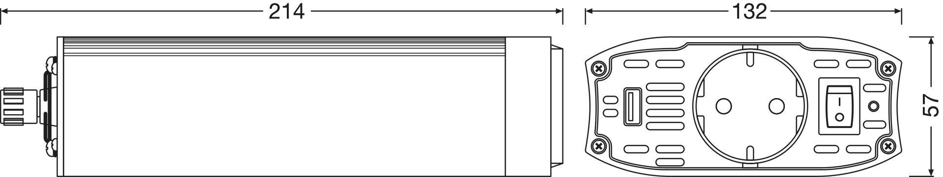 Technische Zeichnung eines zylindrischen Geräts, Breite 214 mm, Länge 132 mm, Höhe 57 mm, mit Sockel mit diversen Anschlusspunkten.