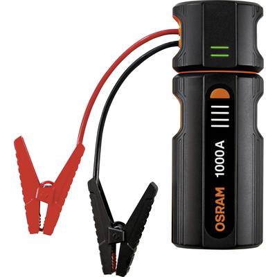 Ein schwarzes Starthilfegerät mit roten und schwarzen Kabeln. Aufdruck 'OSRAM 1000A'. Geeignet für das Starten von Fahrzeugen.