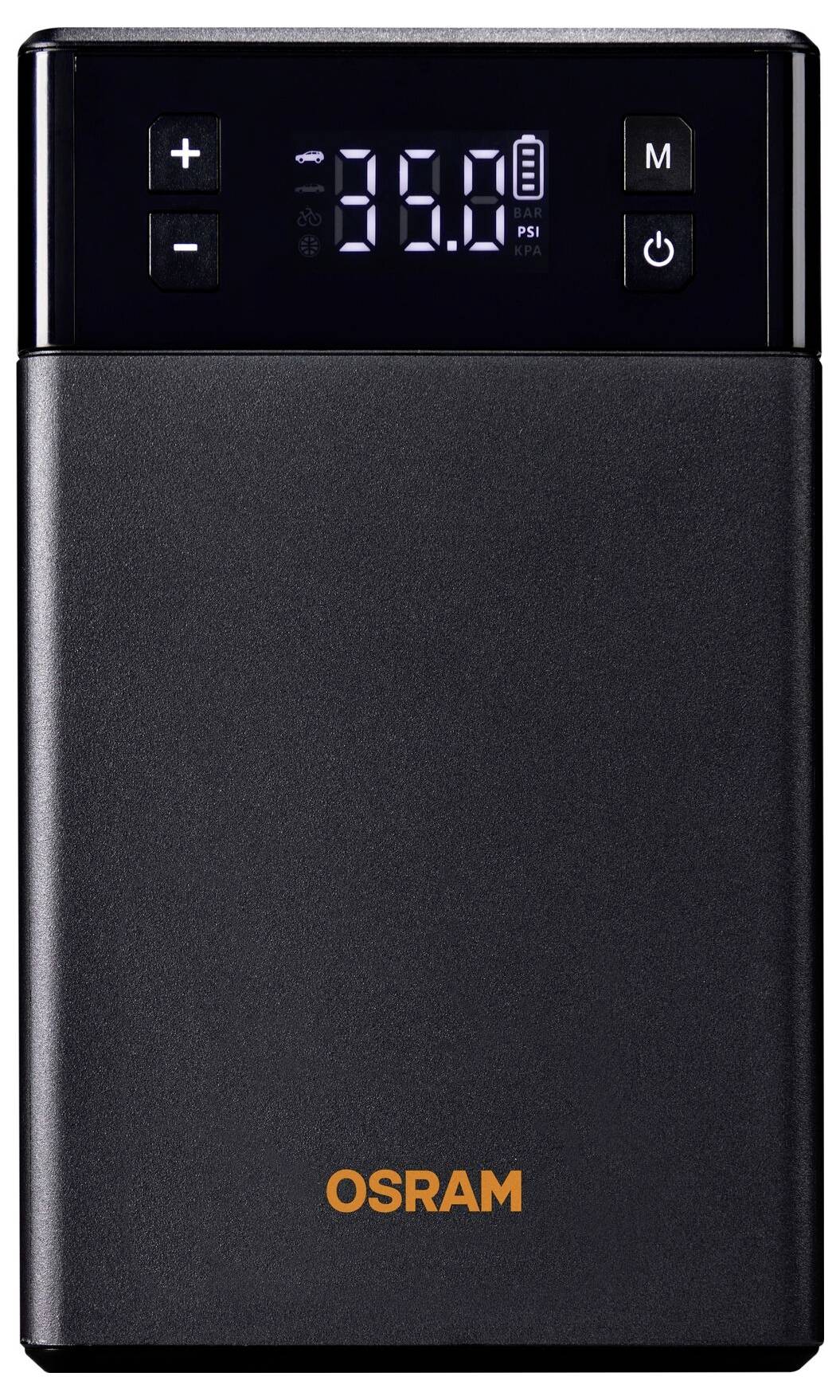 Elektrische Luftpumpe mit digitalem Display zeigt '35.0 PSI'. Oben Plus-, Minus-, Memory- und Power-Taste; OSRAM-Logo unten.