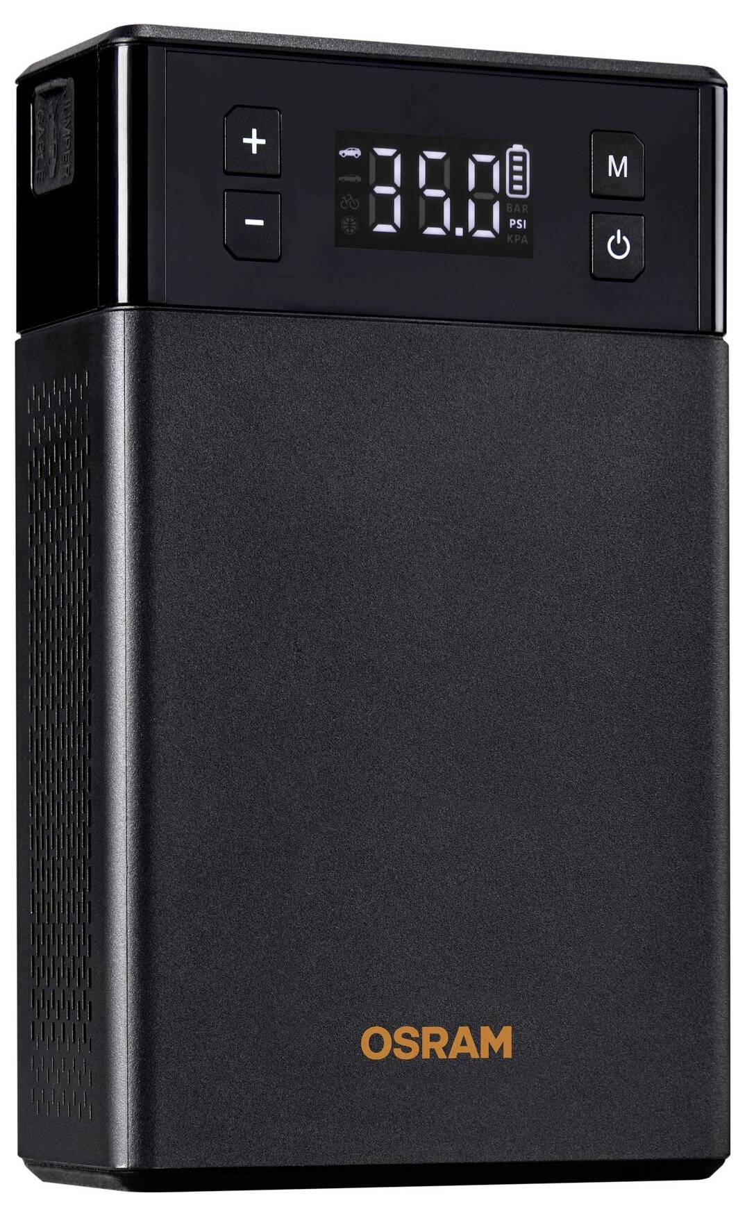 Schwarzer tragbarer Luftkompressor mit digitaler Anzeige, zeigt '35.0 PSI'. Bedientasten oben, orangefarbener 'OSRAM'-Schriftzug unten.