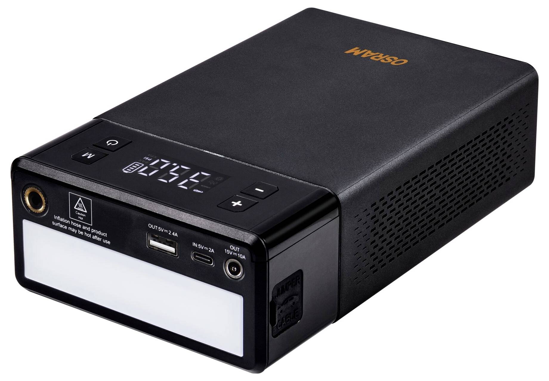 Ein schwarzer tragbarer Akku mit digitalem Display, USB-Anschluss und verschiedenen Bedienknöpfen, zeigt aktuelle Ladeinformationen.