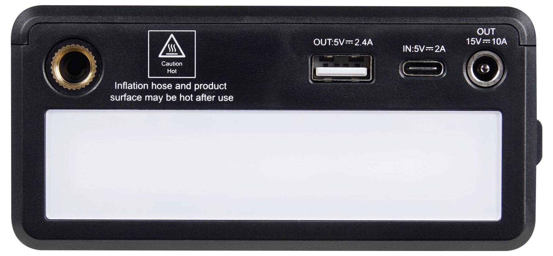 Gerät mit zwei USB-Ausgängen (5V/2,4A und 5V/2A) und einem 15V/10A-Ausgang. Hinweis: Oberfläche kann nach Gebrauch heiß sein.