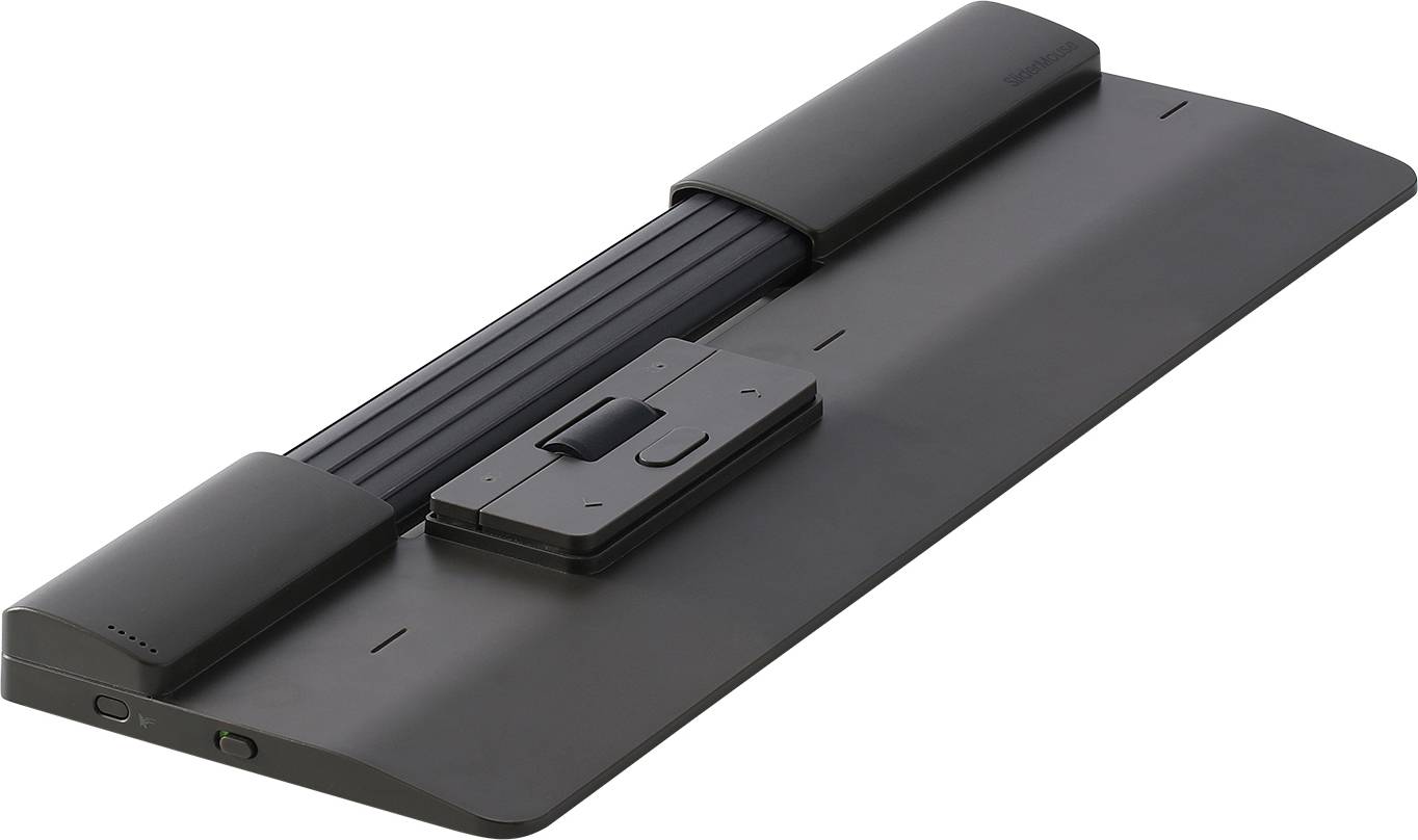 Ein schwarzer flacher Ständer mit verlängerbarem Mittelteil, wahrscheinlich für einen Monitor. Enthält Bedienelemente und Anschlüsse.
