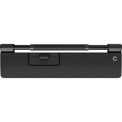 Eine schwarze ergonomische Maus mit Handballenauflage und Steuerelementen in der Mitte, speziell für komfortables Arbeiten am Computer.