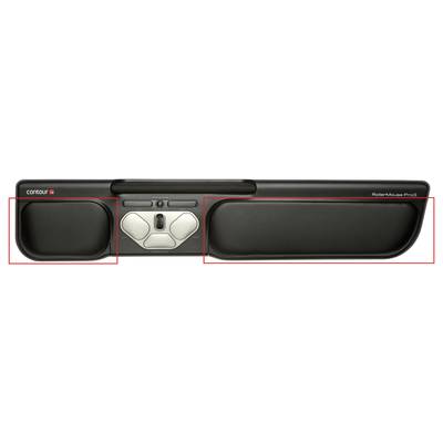 Schwarze ergonomische Rollstangenmaus mit silbernen Bedienknöpfen in der Mitte; Markenname links oben.