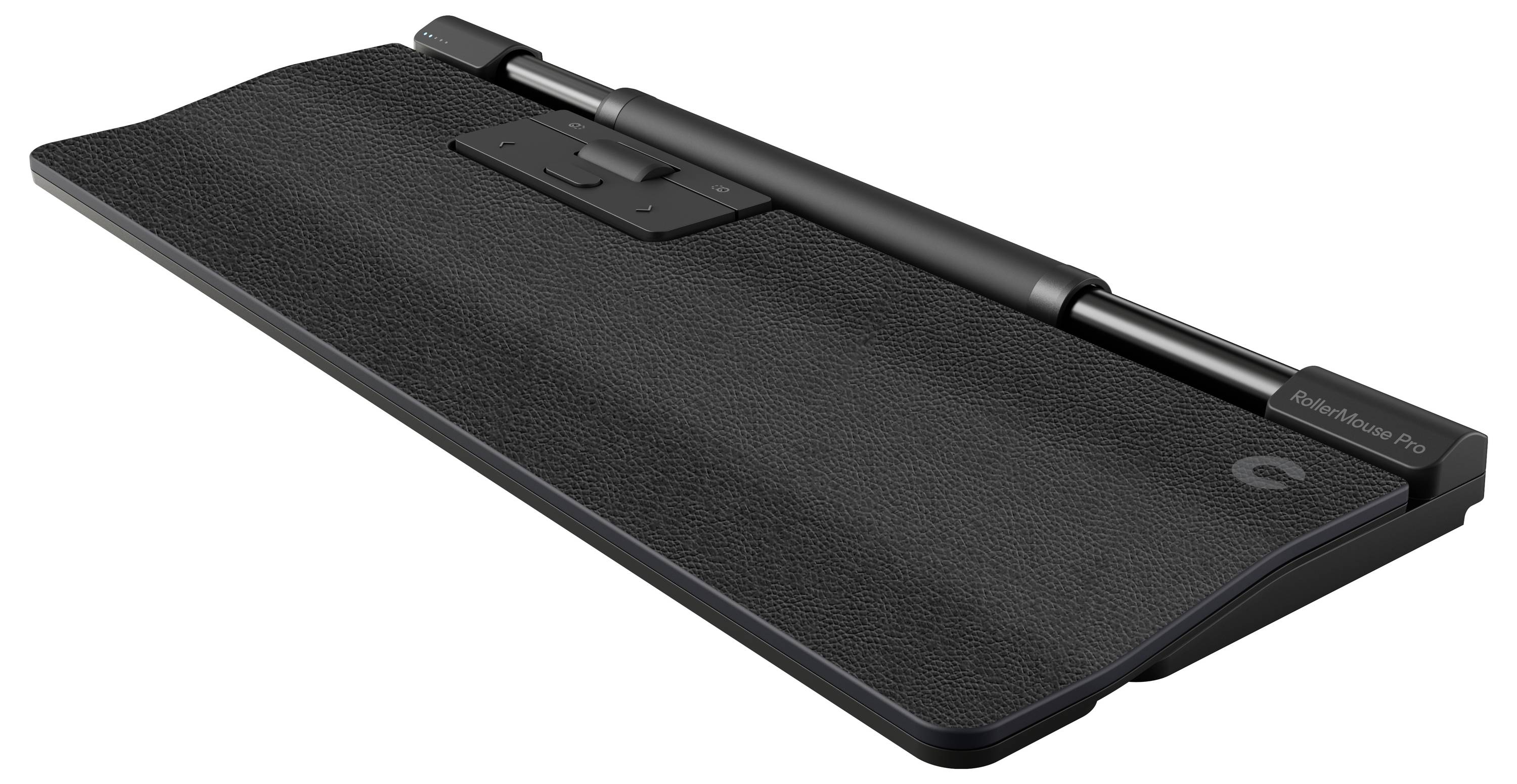 Eine schwarze ergonomische Handballenauflage für Tastaturen, mit stützendem Design für komfortable Nutzung am Computer.