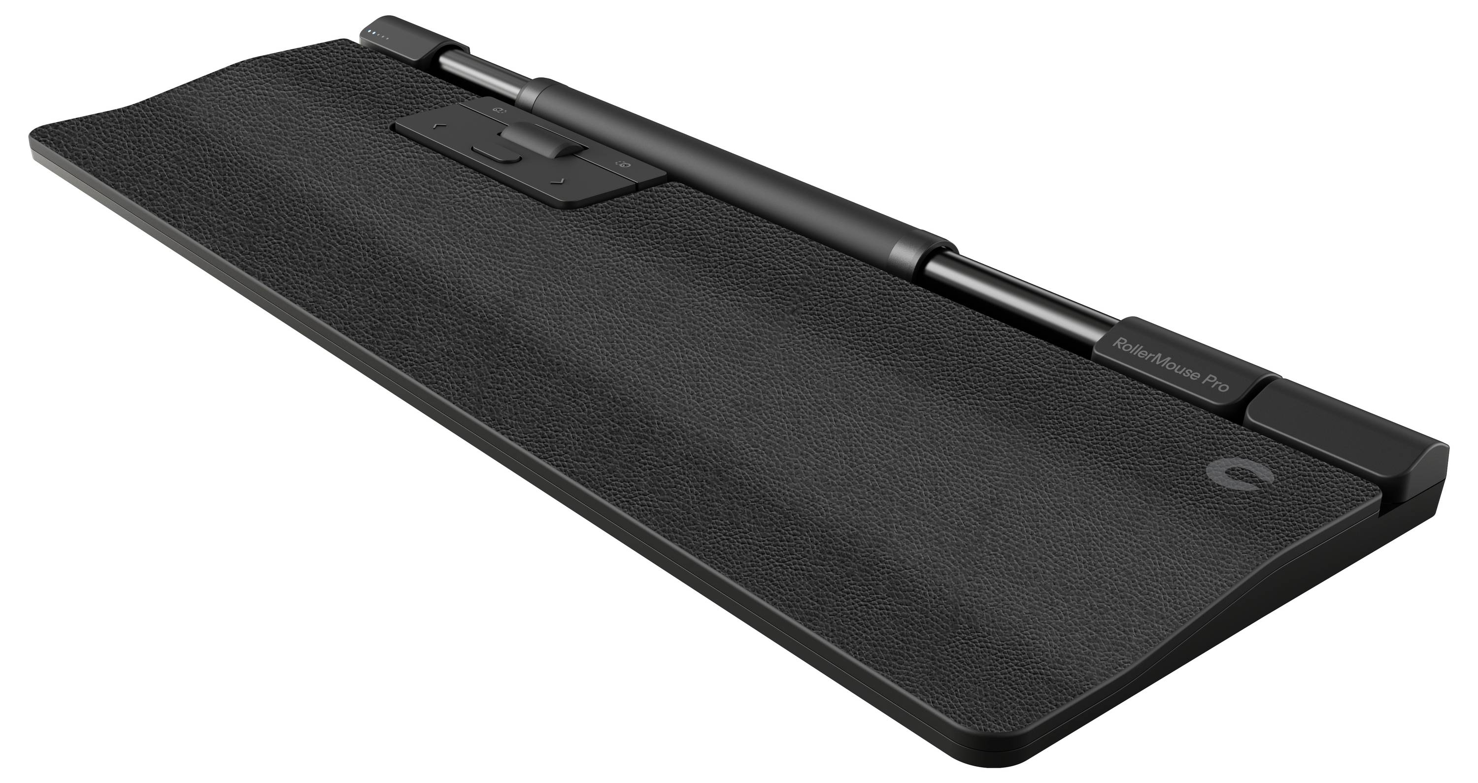 Matte schwarze Tastaturhandballenauflage aus Kunstleder mit Nahtdetail in der Mitte, bietet ergonomischen Komfort beim Tippen.