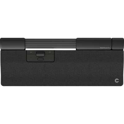 Eine schwarze Computermaus mit einem ergonomischen Design. Sie verfügt über Steuerungstasten in der Mitte und einen beweglichen Balken oben.