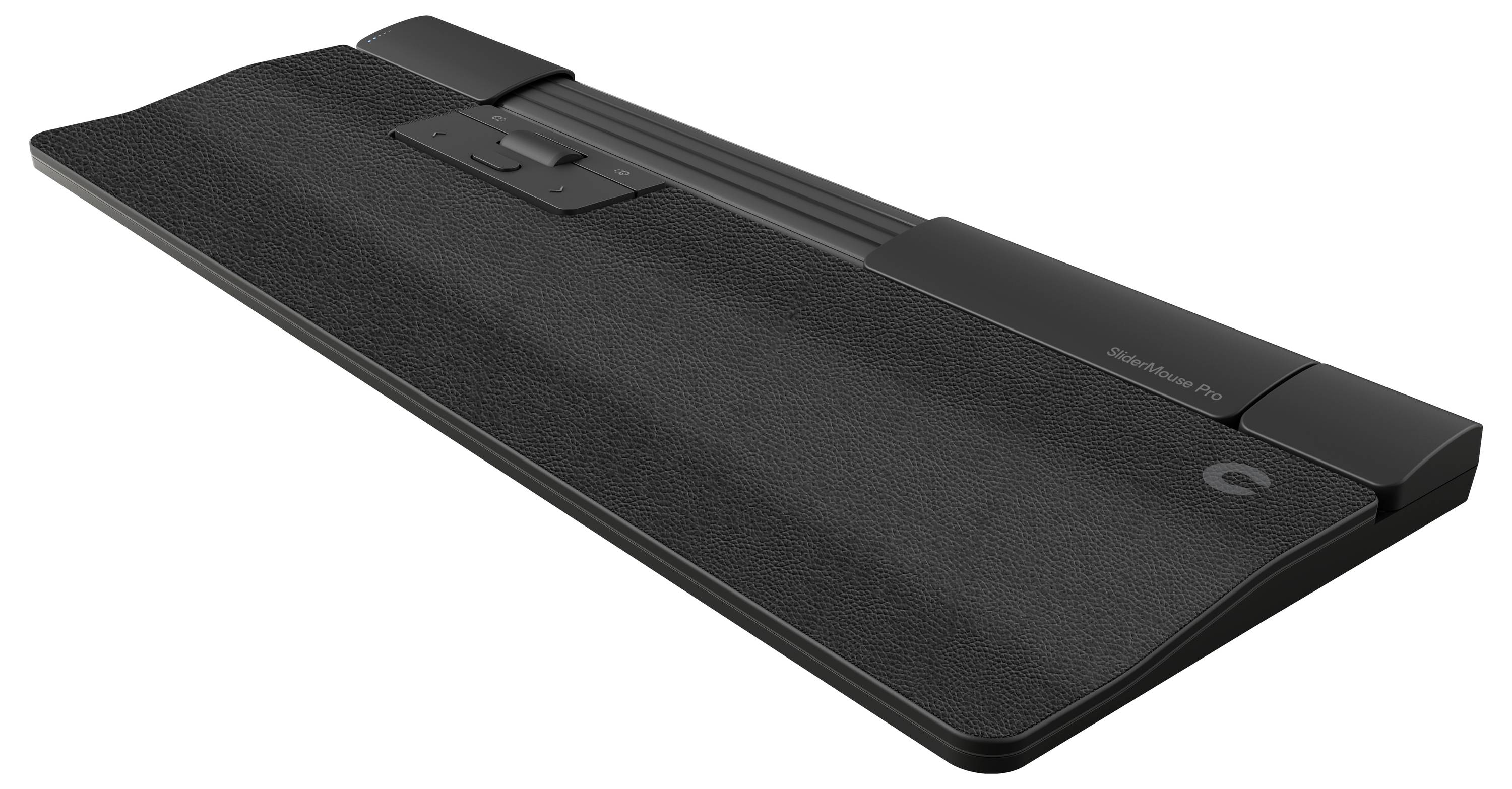 Ergonomische Handgelenkauflage mit schwarzer Oberfläche und einstellbarer Handballenauflage, geeignet für Schreibtischarbeiten.