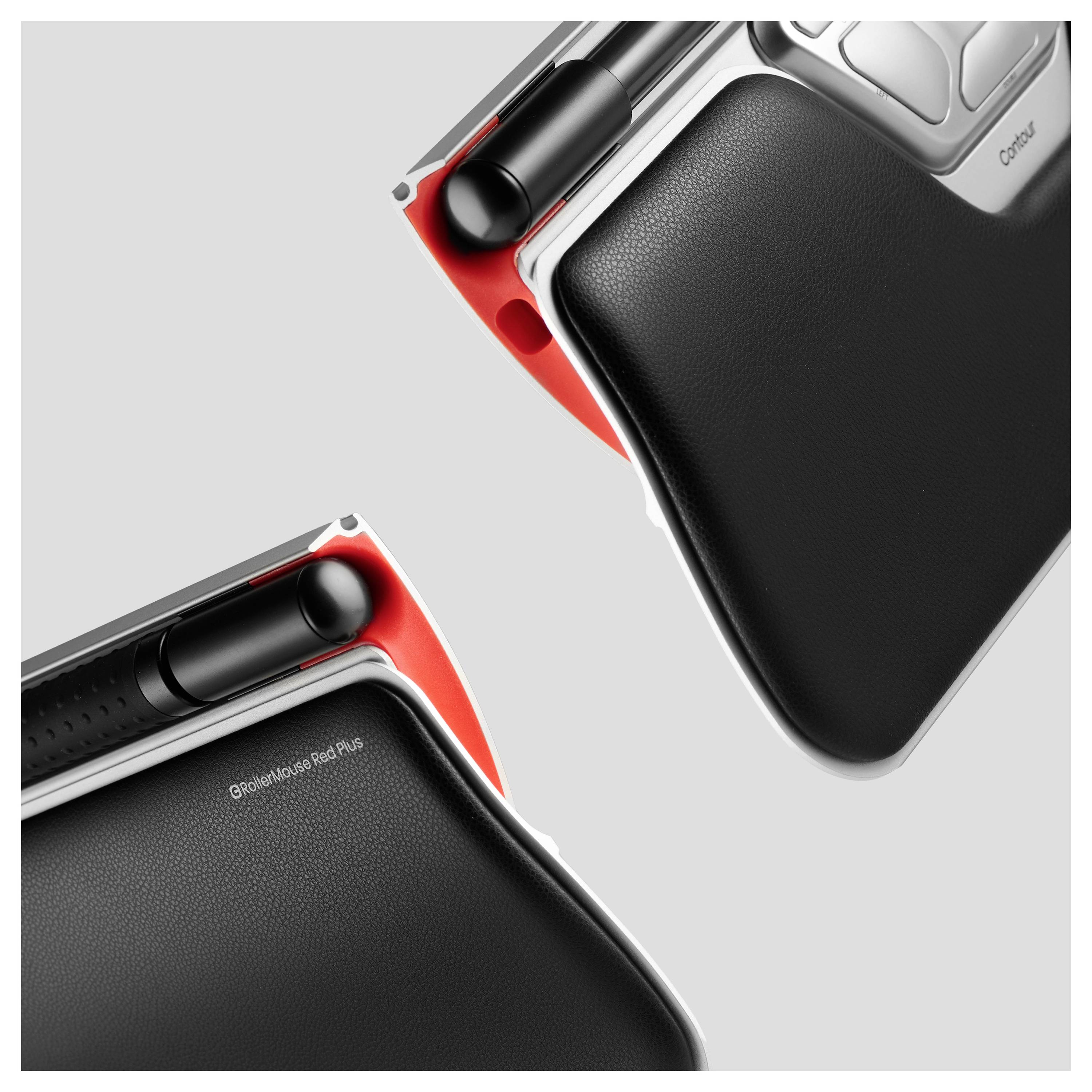 Computermaus mit ergonomischem Design, Handballenauflage und Stylus-Halter, in Schwarz und Rot gehalten. Geeignet für komfortable Bedienung.