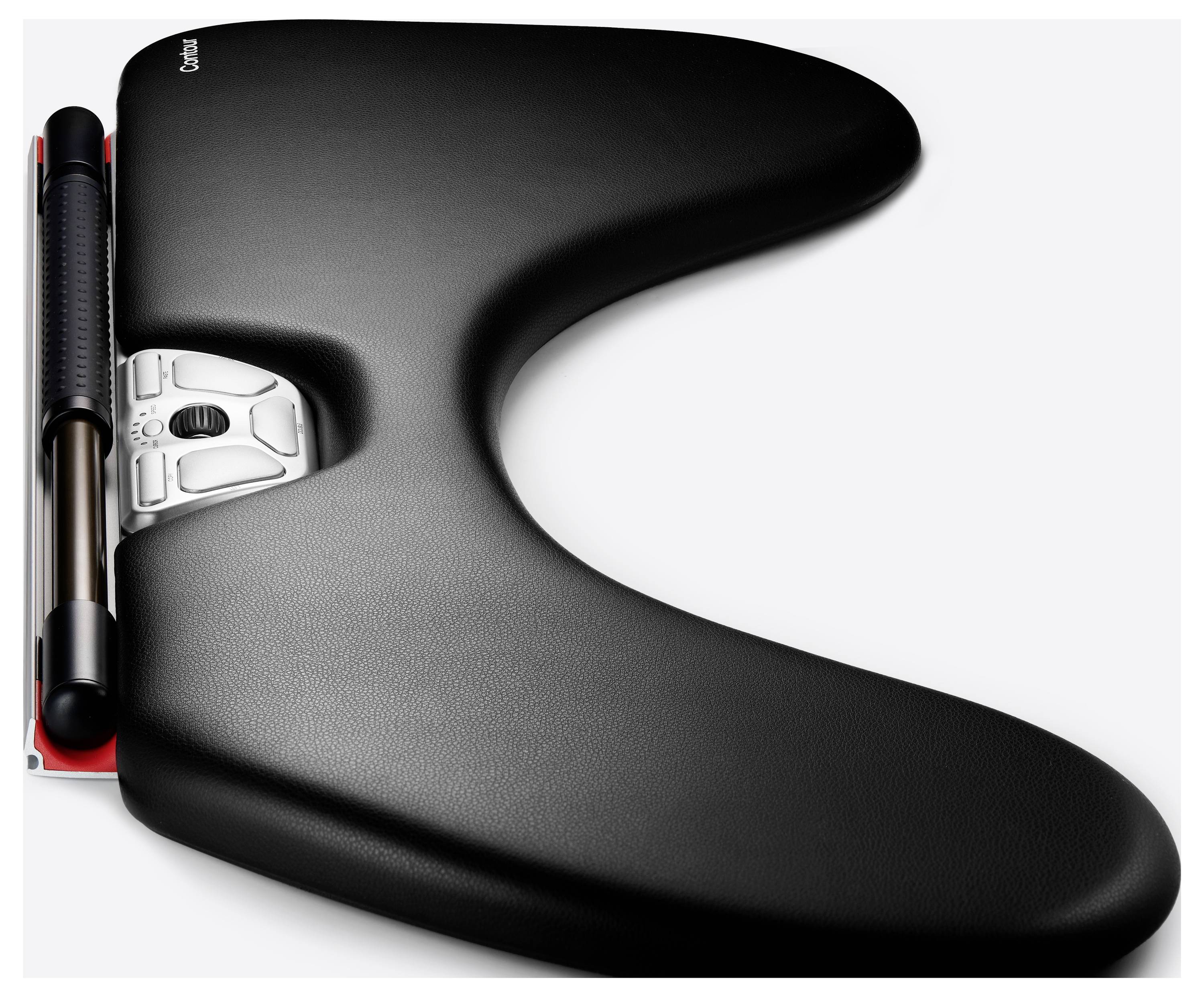 Ein schwarzes, ergonomisch geformtes Sitzkissen mit Griffen und einer Halterung in der Mitte. Designed für Komfort und Unterstützung.