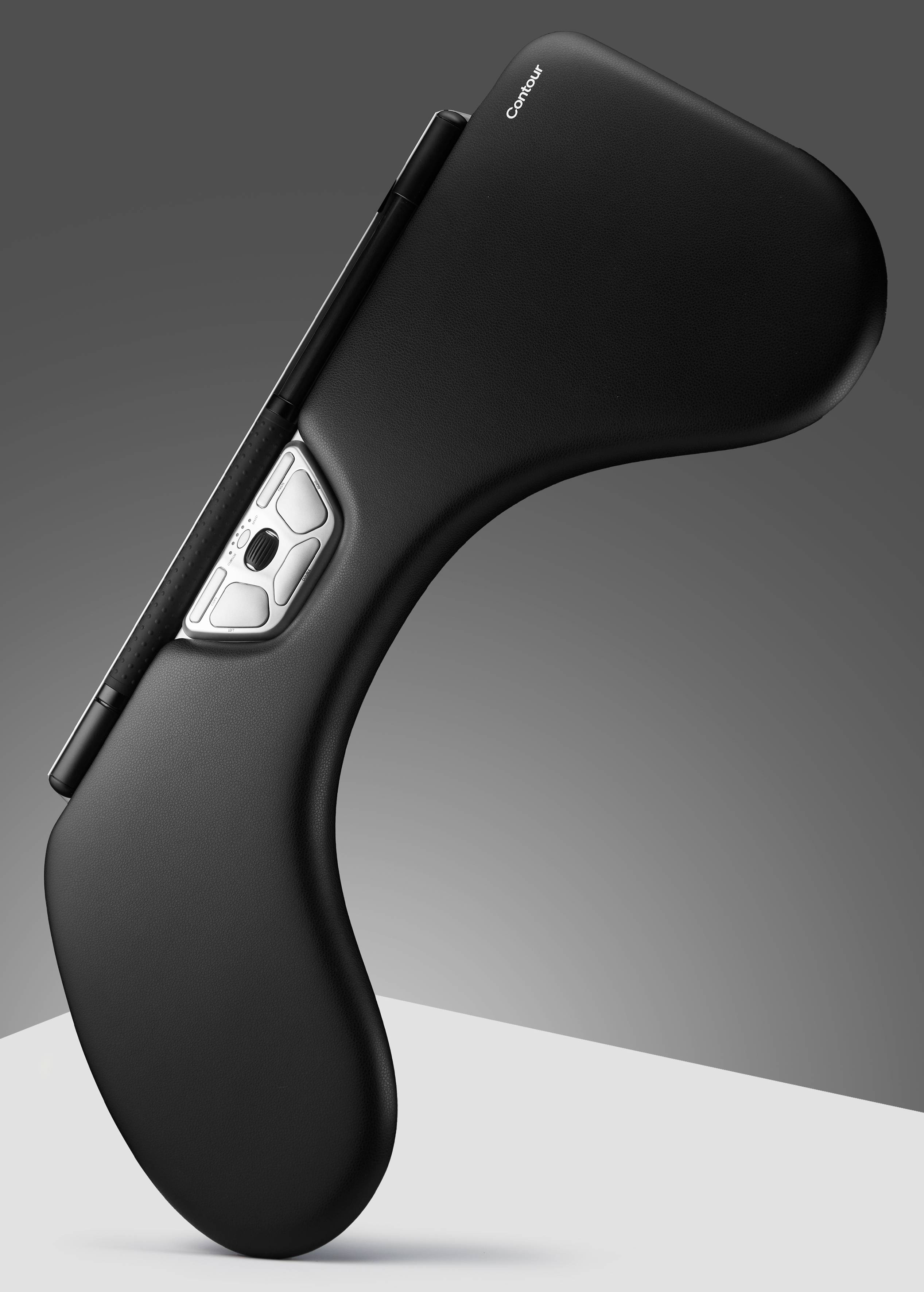 Ergonomische, geschwungene Kopfstütze in Schwarz mit Polsterung, designed für optimalen Komfort und Nackenunterstützung.