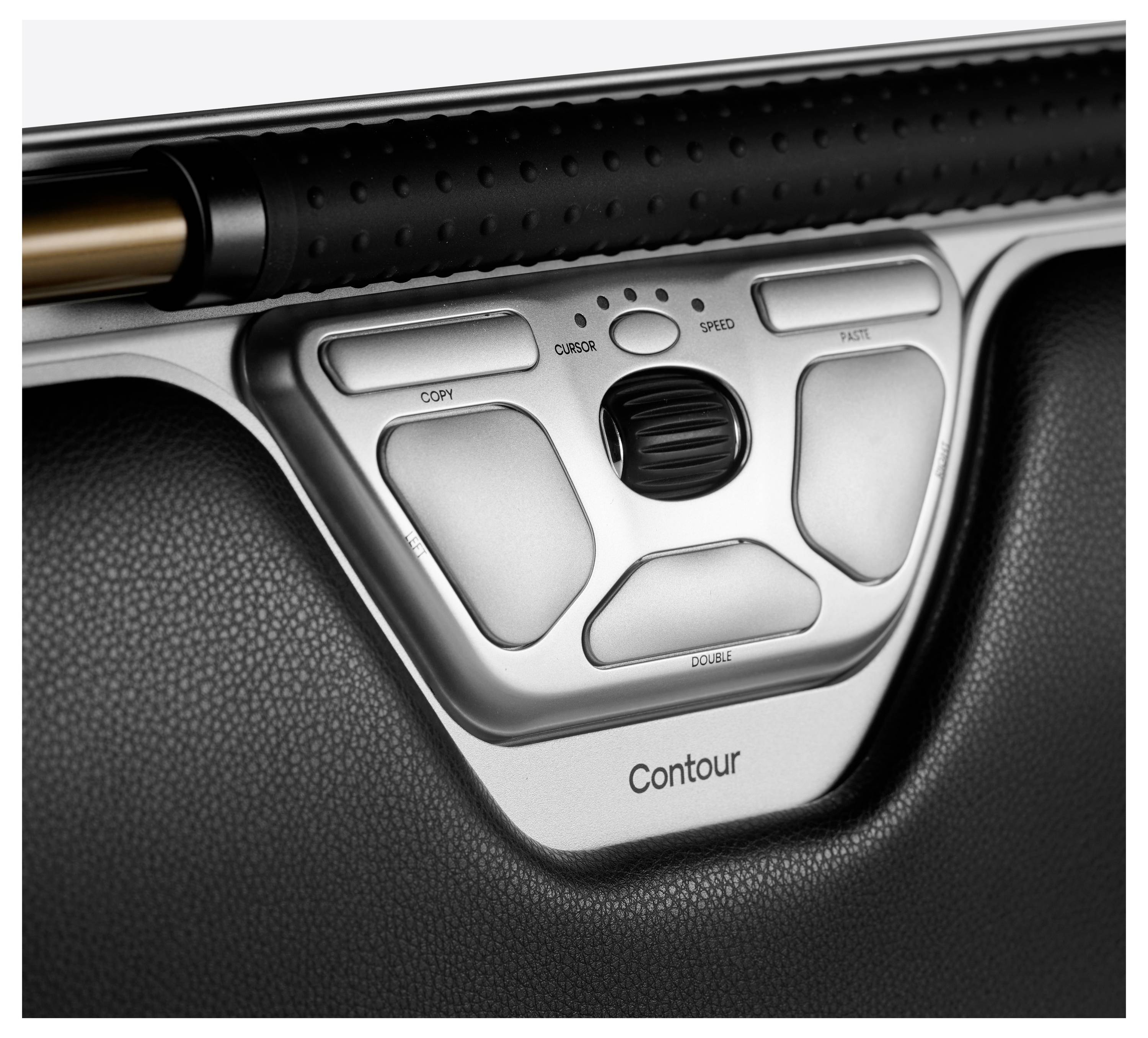 Nahaufnahme eines ergonomischen Steuerungsgeräts mit den Tasten 'Copy', 'Paste', 'Speed' und 'Cursor'.