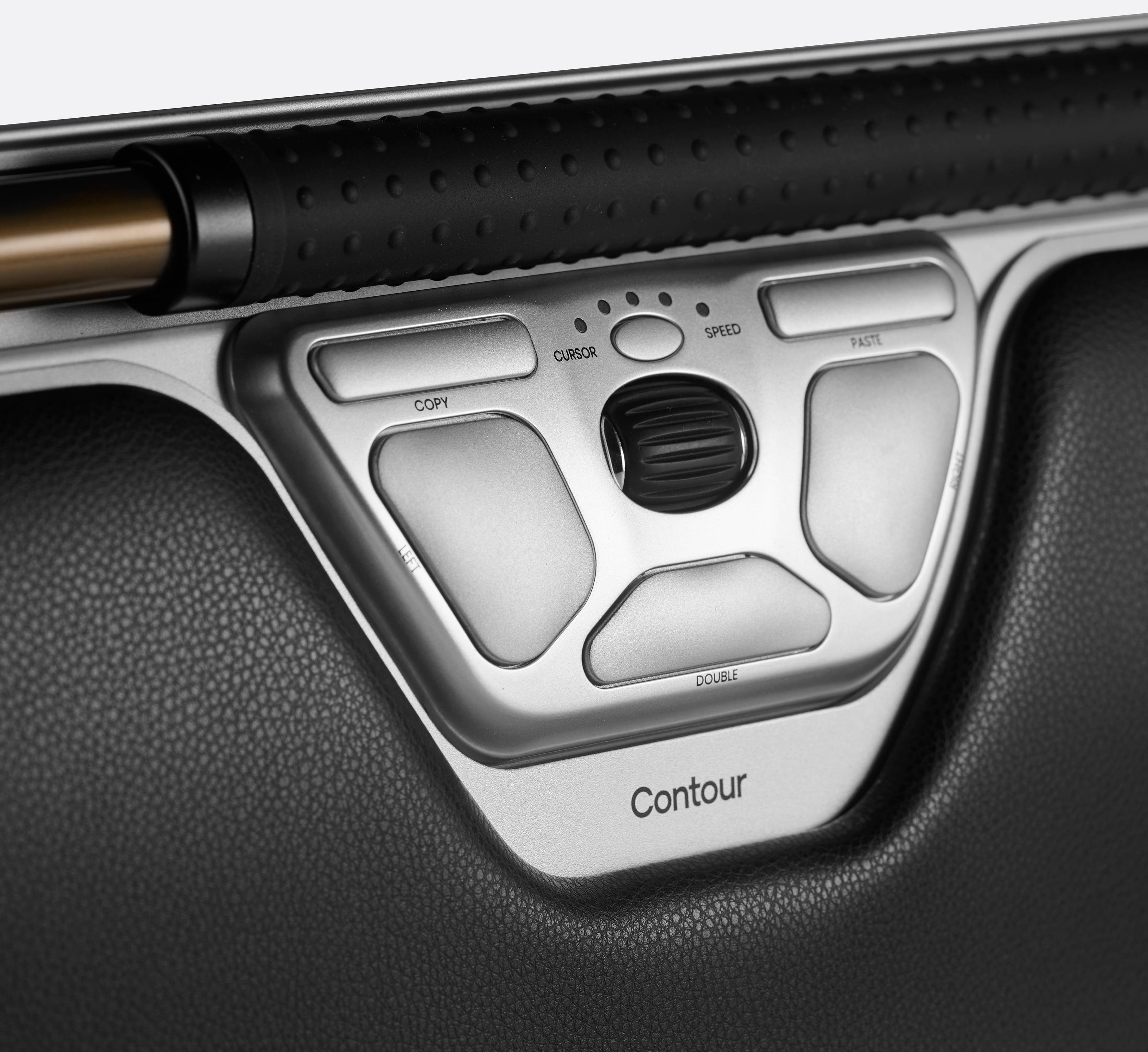 Nahaufnahme eines ergonomischen Mausersatzes mit mehreren Tasten und einem Rollrad, geeignet für komfortables Computernavigieren.