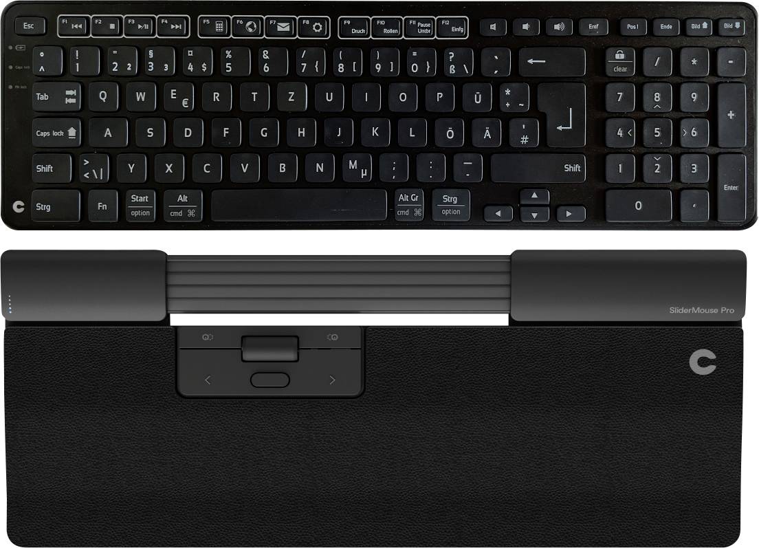 QWERTY-Tastatur mit ergonomischem Handgelenkauflage und integriertem Steuerungsmodul; schwarze Farbgebung mit weißen Aufdrucken.