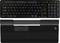 QWERTY-Tastatur mit ergonomischem Handgelenkauflage und integriertem Steuerungsmodul; schwarze Farbgebung mit weißen Aufdrucken.