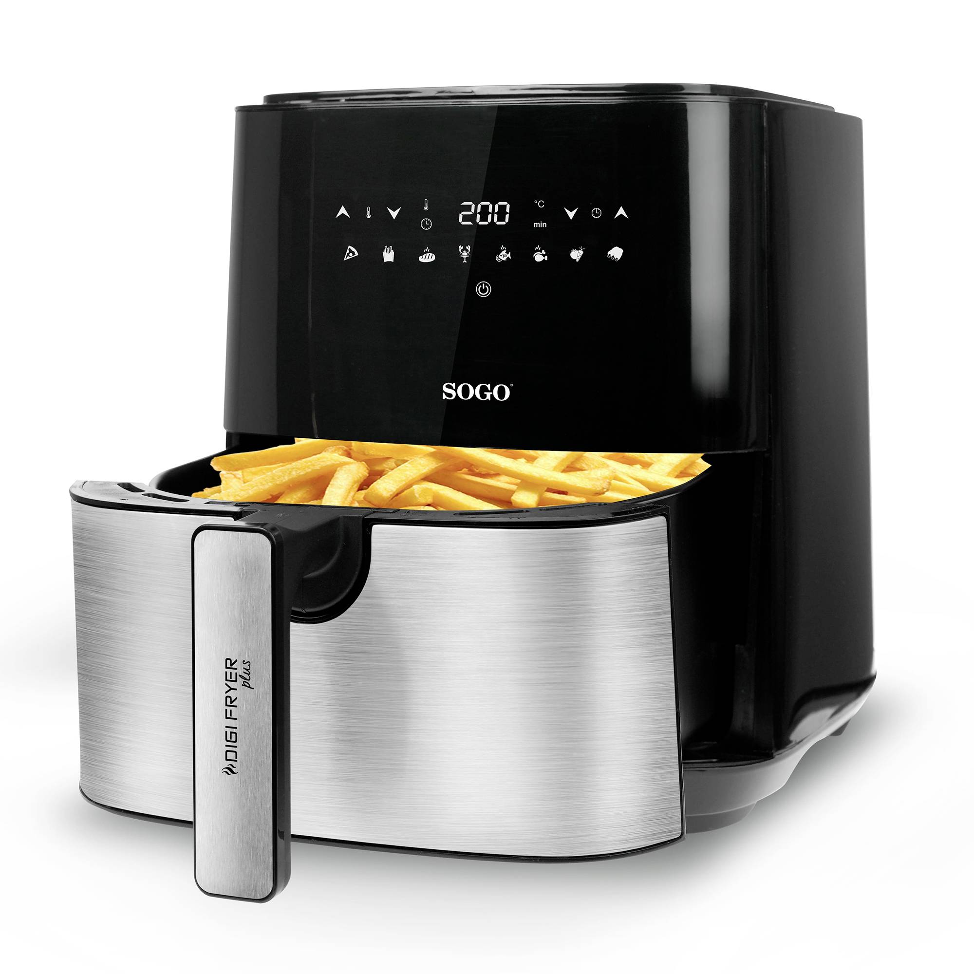Eine schwarze Heißluftfritteuse mit Digitalanzeige, gefüllt mit knusprigen Pommes frites.