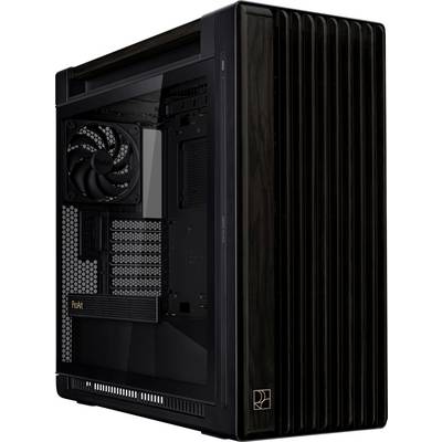Schwarzes Computergehäuse mit transparentem Seitenpanel, zeigt interne Lüftung und Erweiterungsslots. Modernes Design.