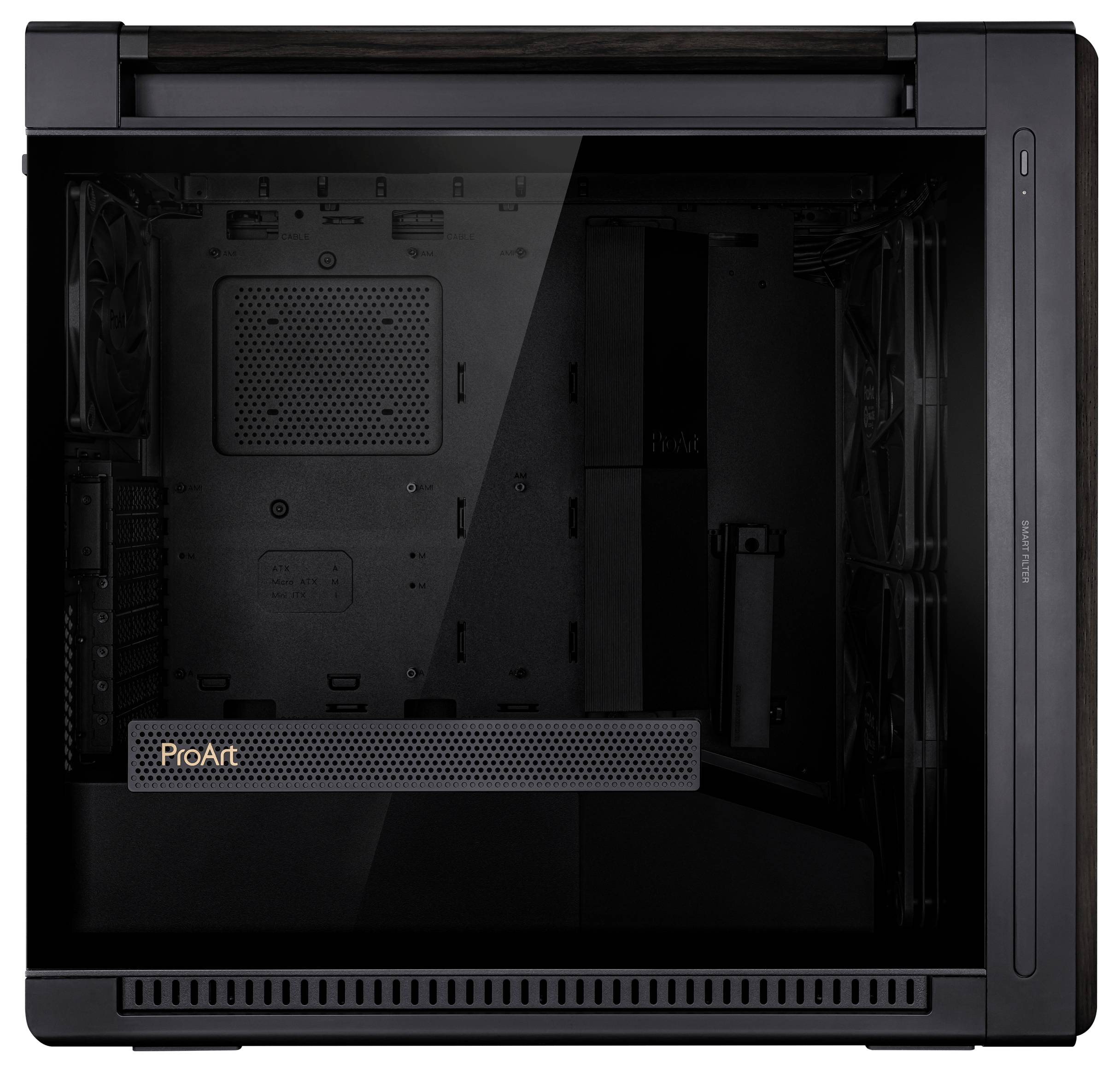 Schwarzes Computergehäuse mit durchsichtigem Seitenfenster, sichtbaren Fächern für Komponenten und 'ProArt'-Schriftzug.