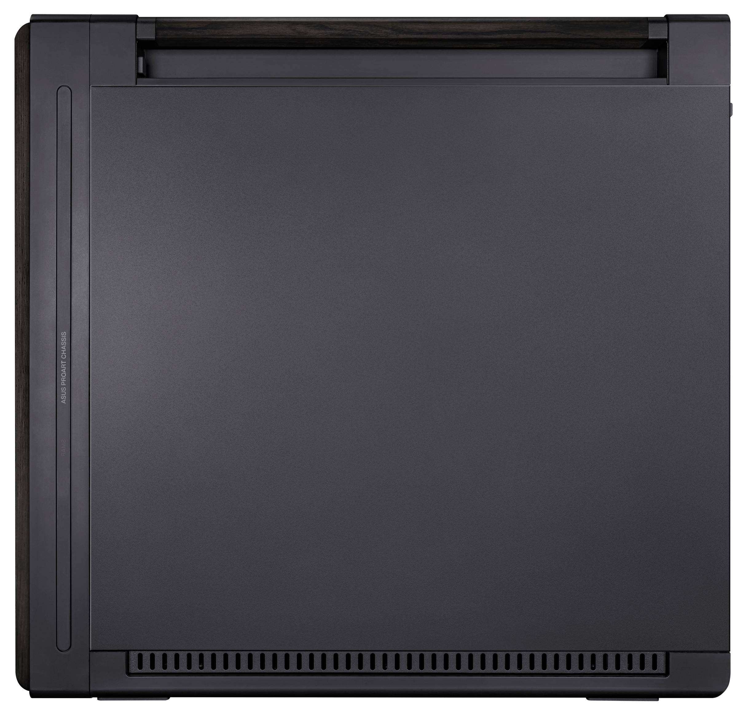 Ein schwarzer, rechteckiger Computertower mit minimalistischer Gestaltung. Keine sichtbaren Knöpfe oder Anschlüsse an der Seitenfläche.