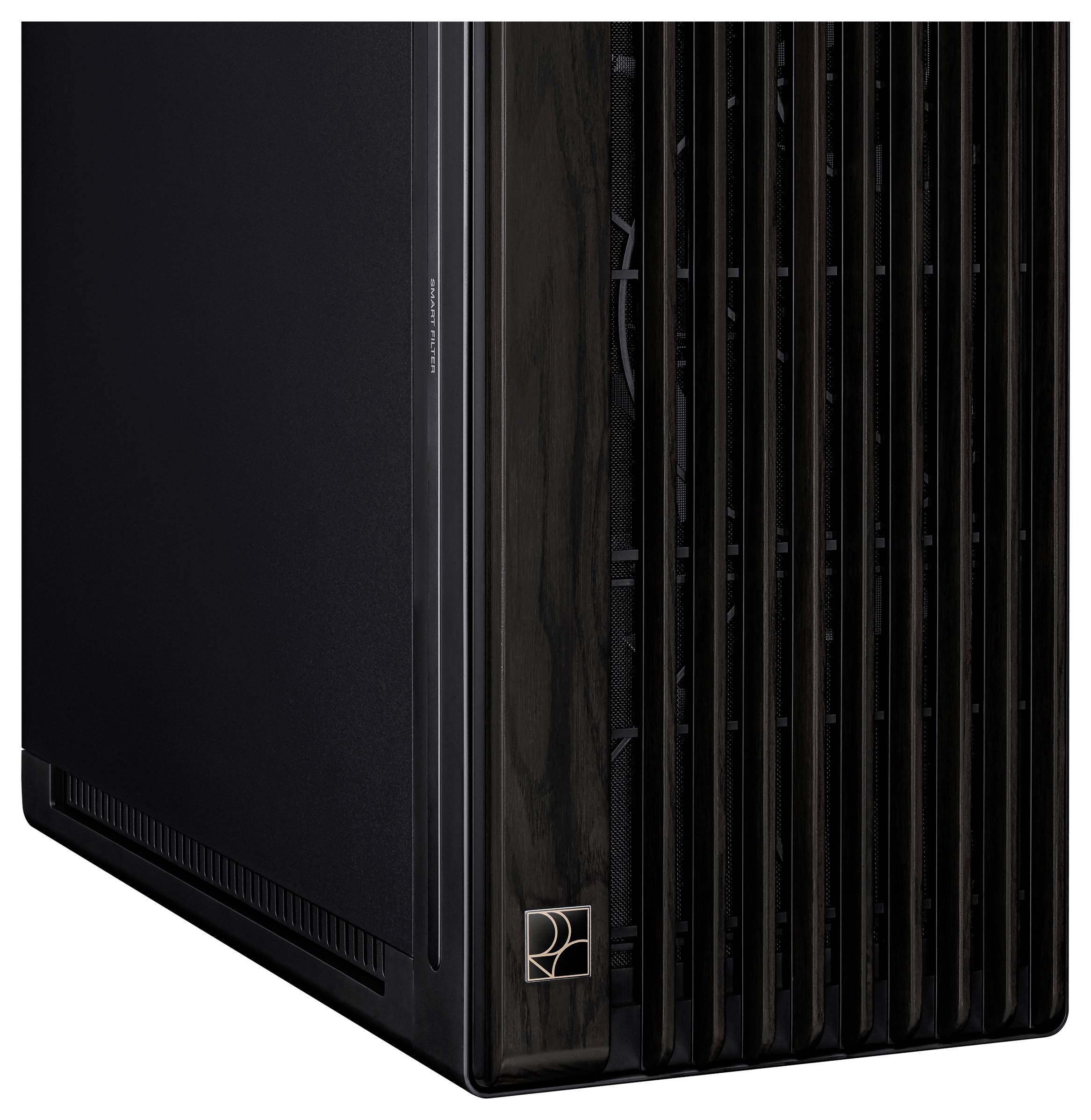 Computerturm mit dunkler, eleganter Front und seitlichem Lüftungsgitter.