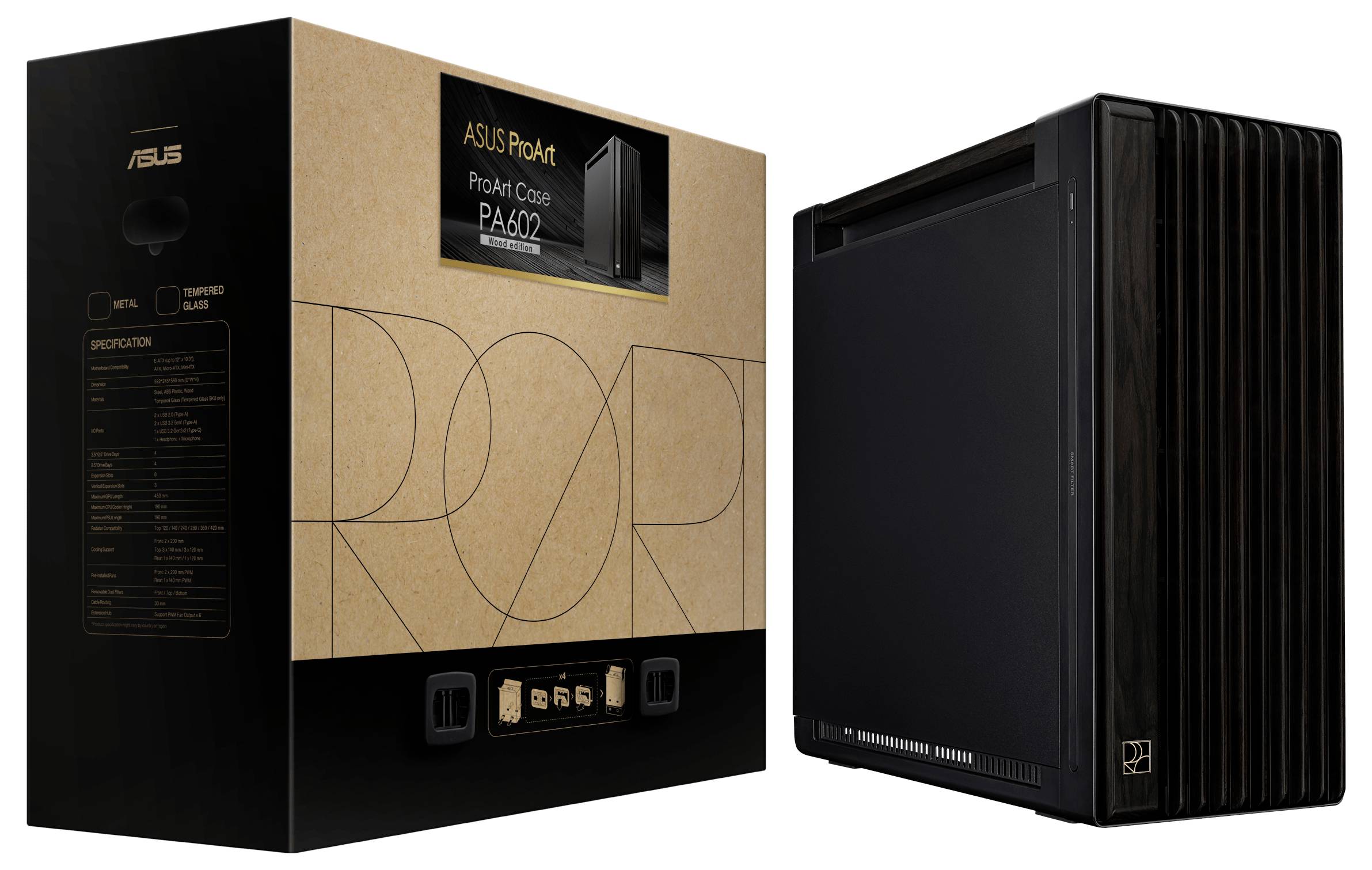 'ASUS ProArt Case PA602' PC-Gehäuse in Schwarz neben Originalverpackung, die Spezifikationen und Markenlogo zeigt.