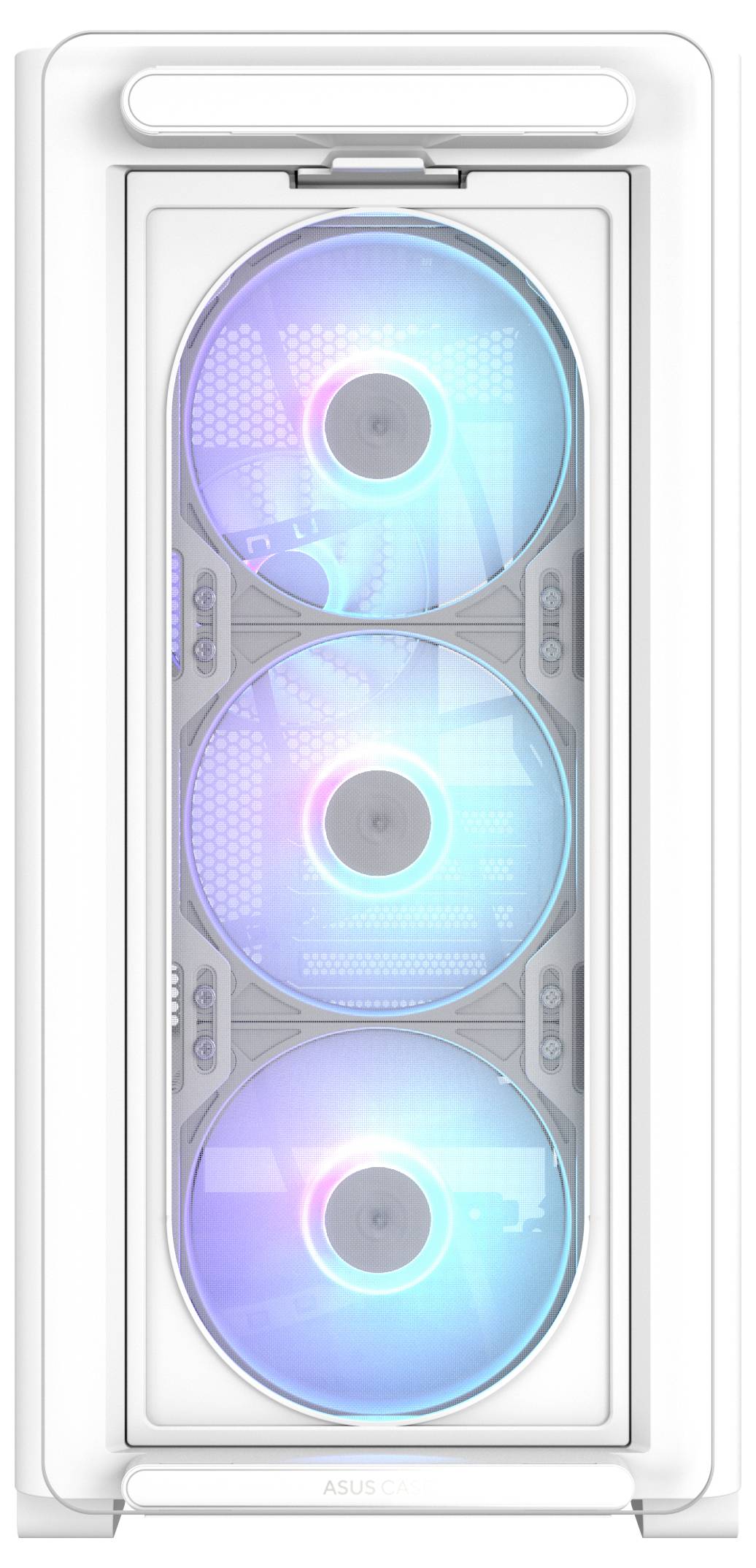 Drei große, leuchtende Lüfter in einem weißen Computergehäuse, die blau und rosa strahlen. Optisches Highlight für PC-Kühlung.