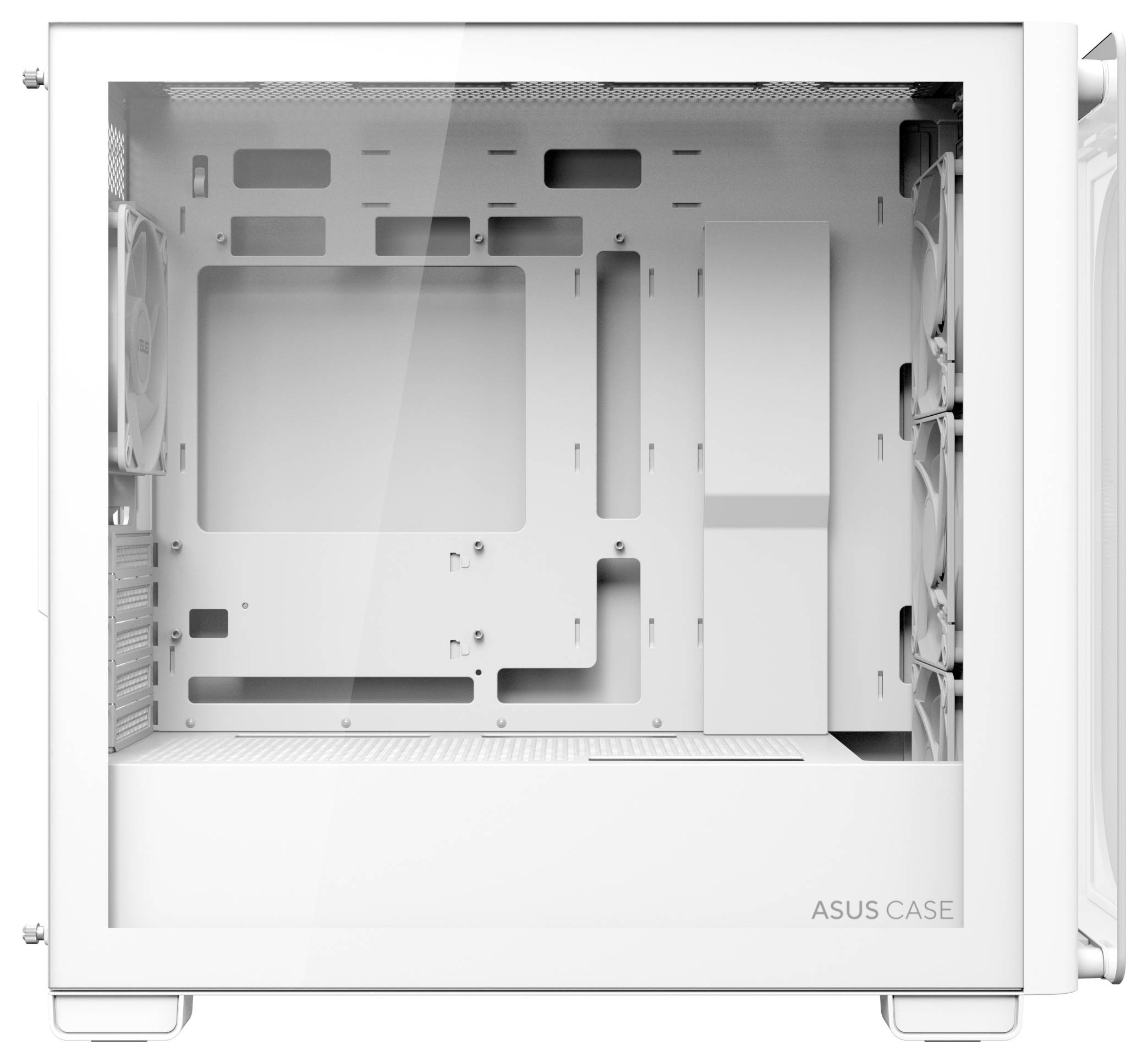 Ein leerer, weißer Computergehäuse mit transparenten Seitenteilen, geeignet für den Einbau von PC-Komponenten.