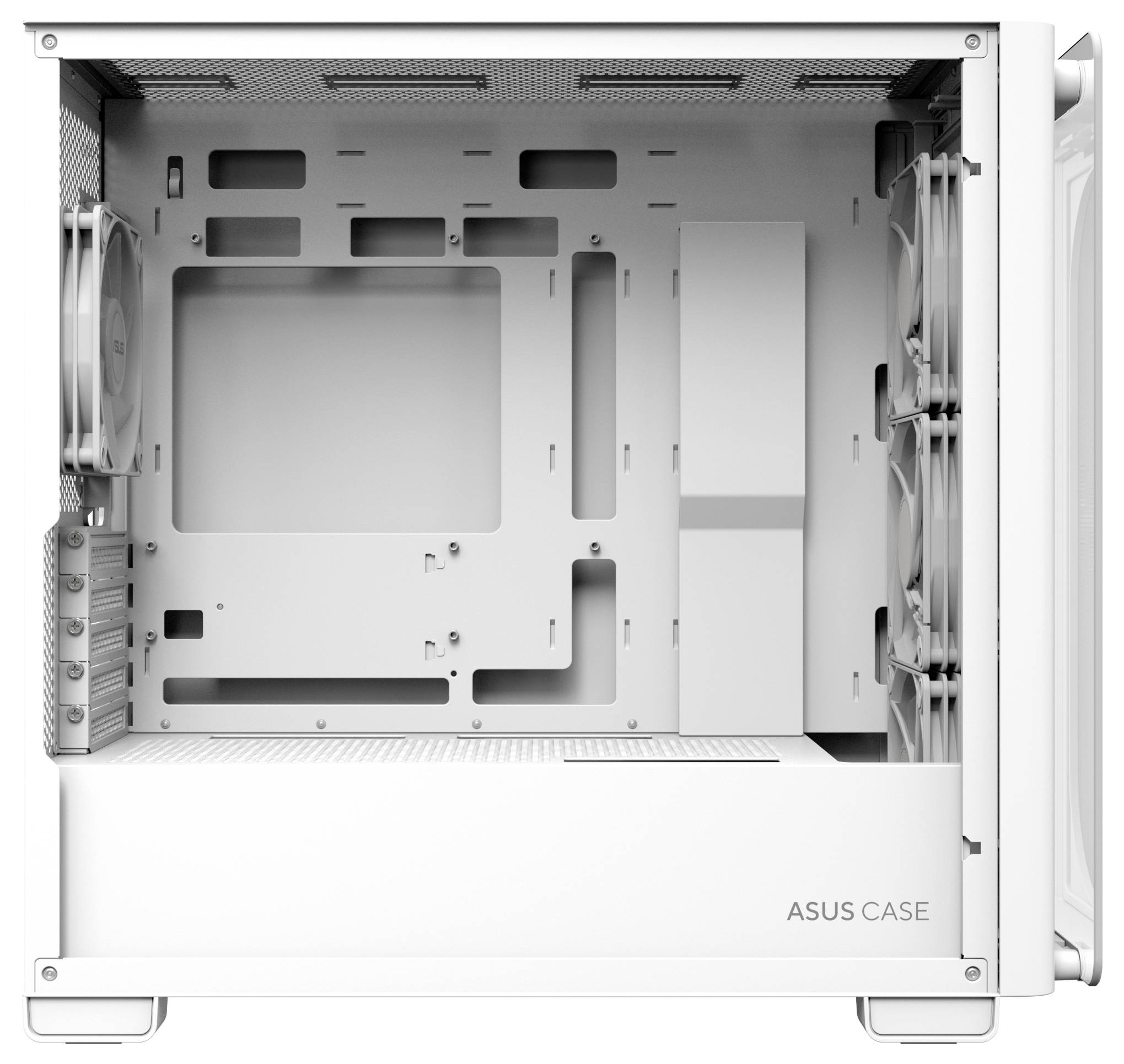 Weißes Computergehäuse, innen leer, mit Lüftern an der Seite und freiem Platz für Hauptplatine und weitere Komponenten.