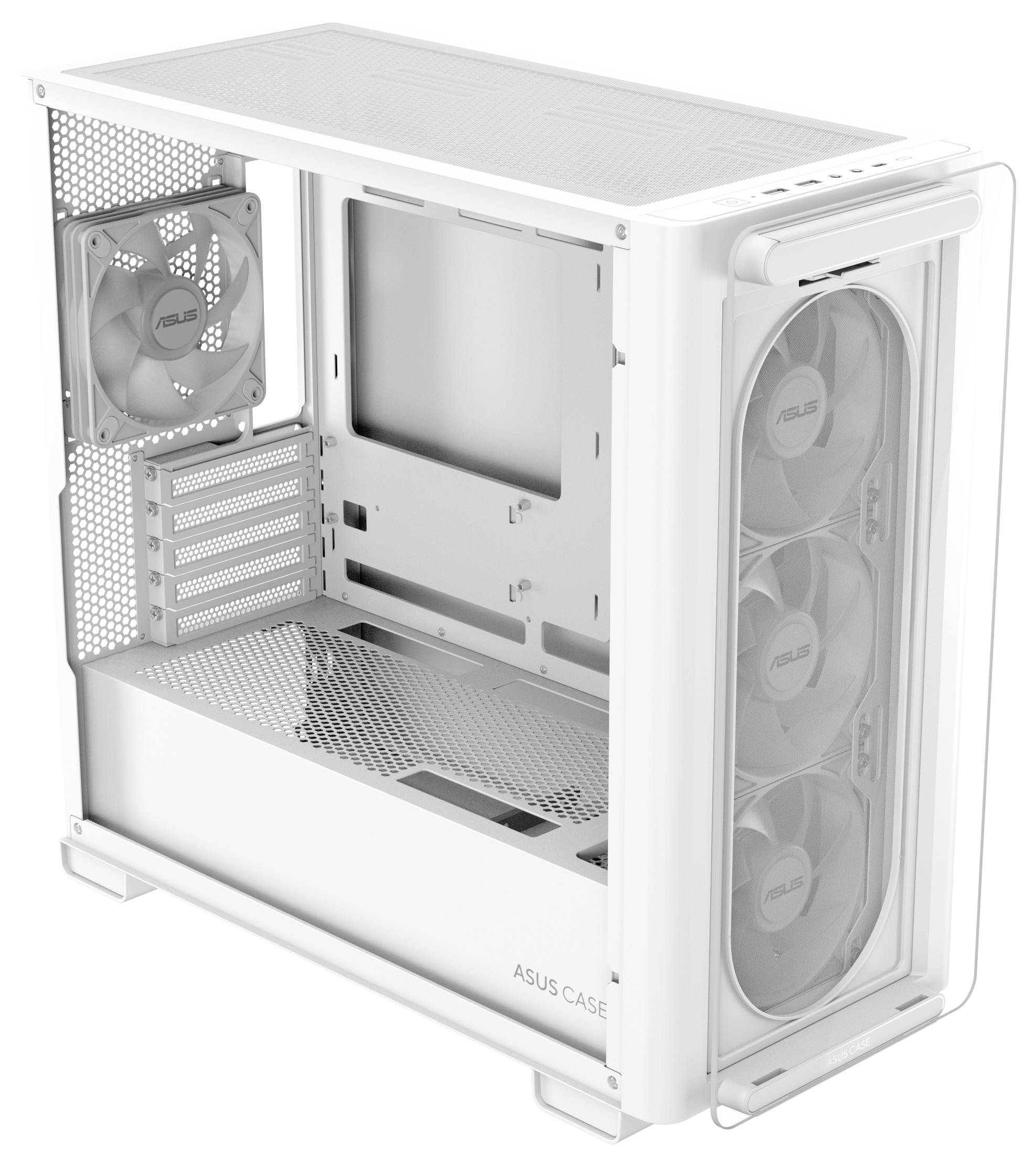 Weißes Computergehäuse mit durchsichtigen Seiten. Drei Lüfter vorne, einer hinten, bieten gute Belüftung. ASUS-Logo sichtbar.