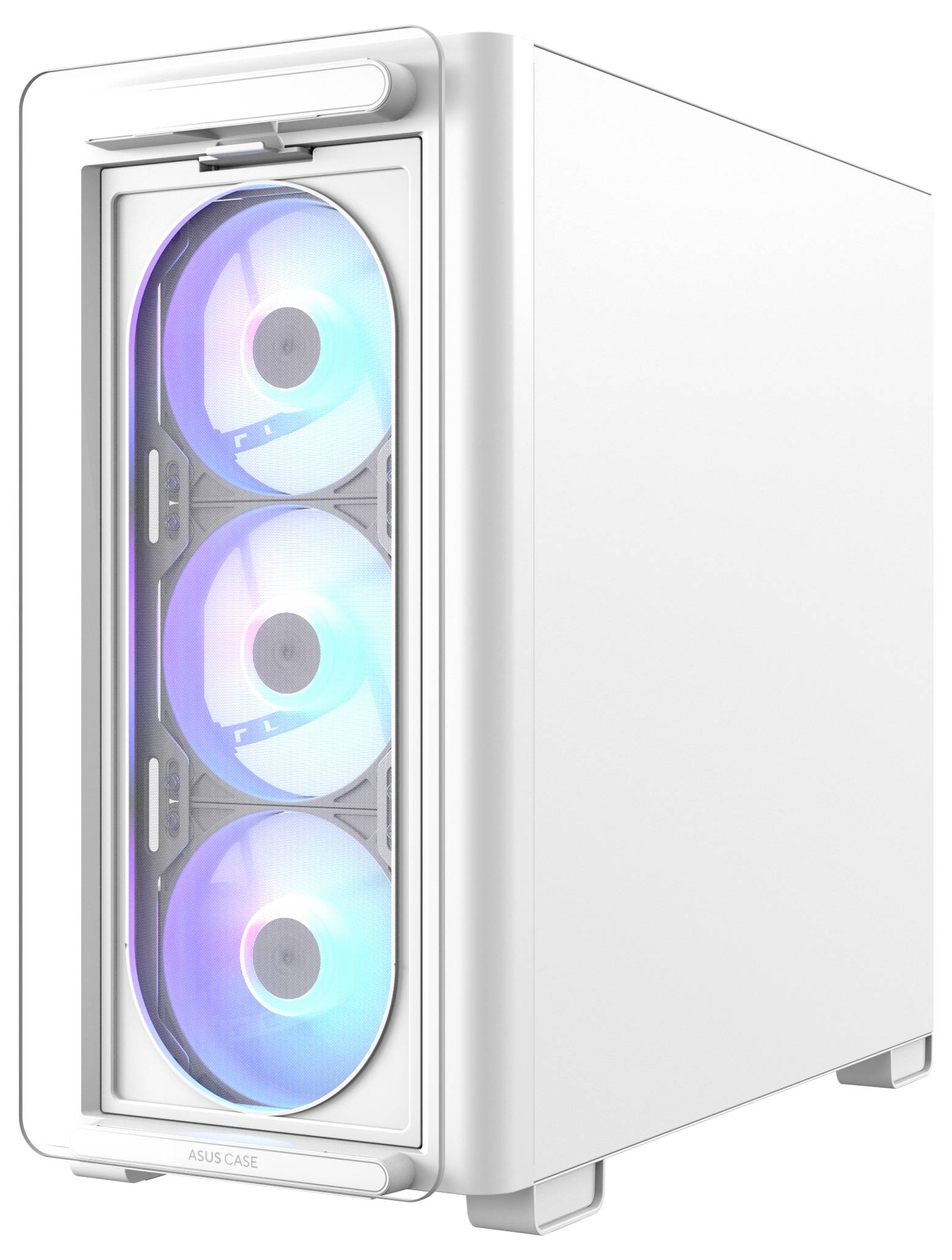 Ein weißes PC-Gehäuse mit drei großen, leuchtenden Lüftern an der Front, die in verschiedenen Farben leuchten.