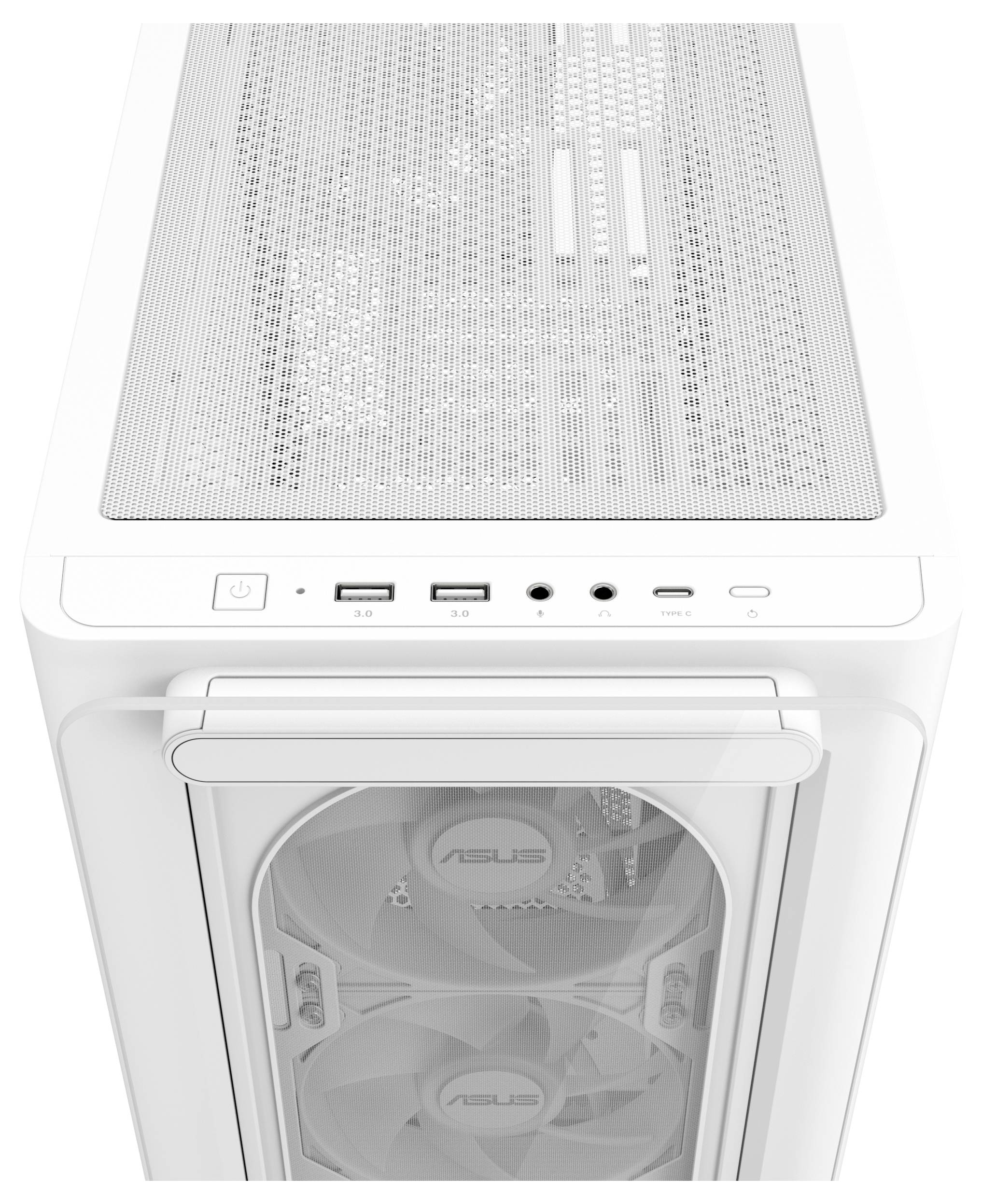 Ein weißes Computergehäuse mit oberem Lüftungsgitter und Frontlüftern. Oben befinden sich Power-Knopf, USB-Anschlüsse und Audio-Buchsen.