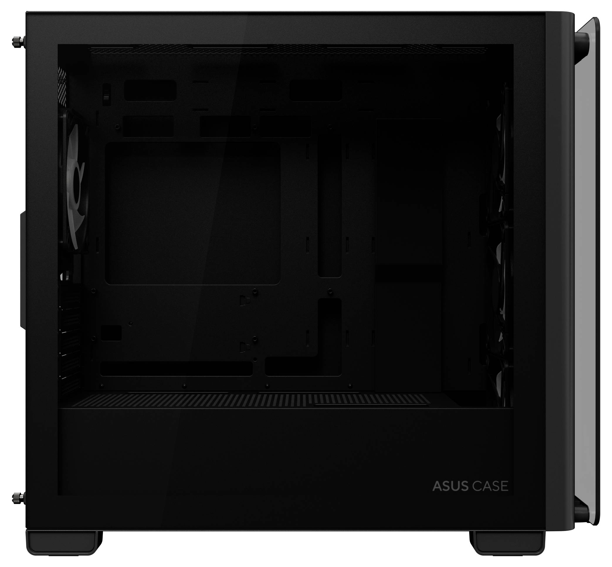 Schwarzes PC-Gehäuse von ASUS mit transparentem Seitenfenster, leerer Innenraum für individuelle Computerkonfigurationen.