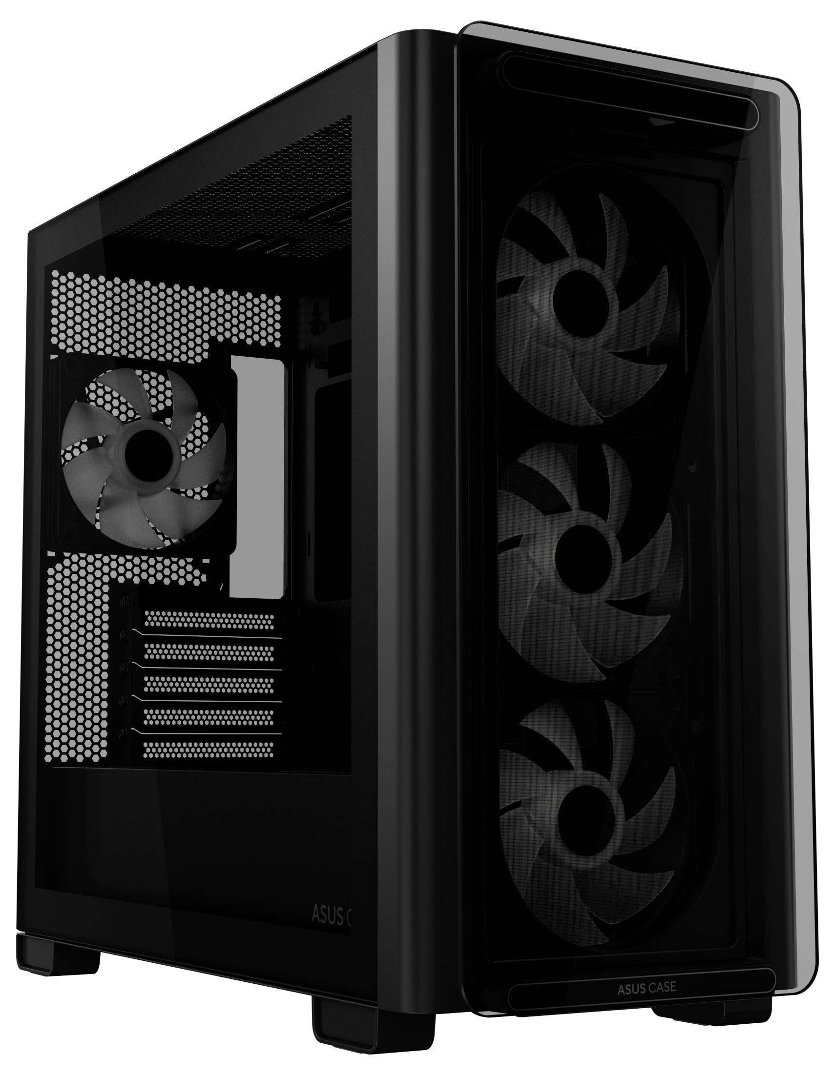 Schwarzes Computergehäuse mit transparentem Seiten- und Frontpanel. Sichtbare Lüfter an der Front und Rückseite für Kühlung.