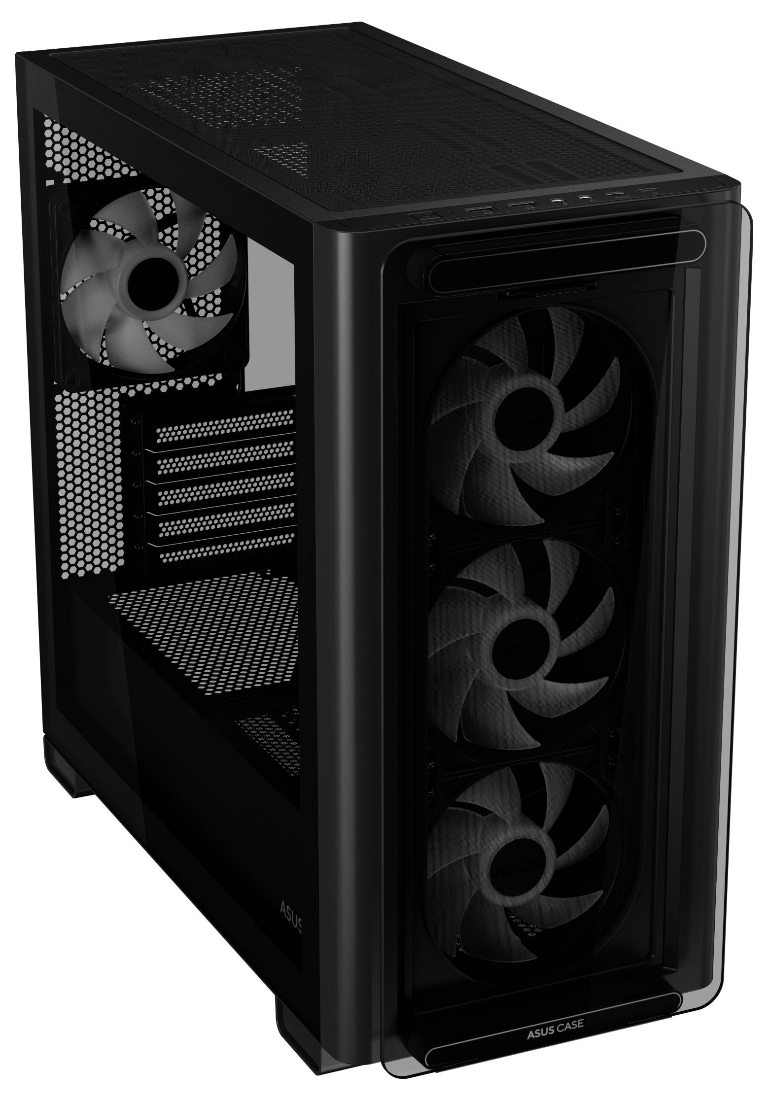 Schwarzes PC-Gehäuse mit drei Frontlüftern und einem Rücklüfter, geeignet für Gaming-PCs und effiziente Kühlung.