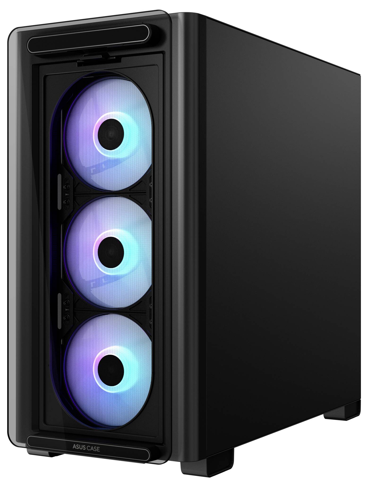 Ein schwarzer Computergehäuse mit drei leuchtenden Lüftern in Blau und Violett an der Vorderseite.