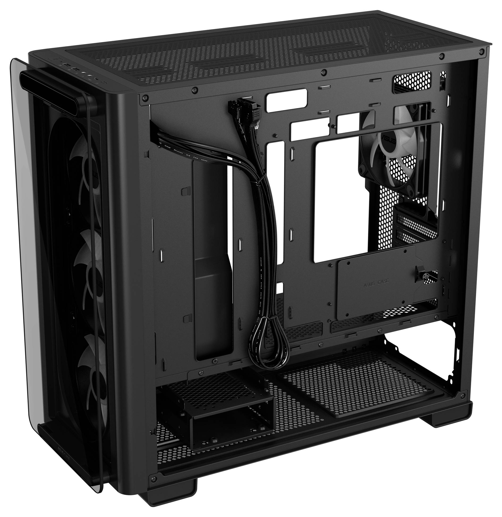 Schwarzes, leer stehendes Computergehäuse mit transparenten Seitenwänden, integriertem Lüfter und Kabelmanagement zur Systemmontage.