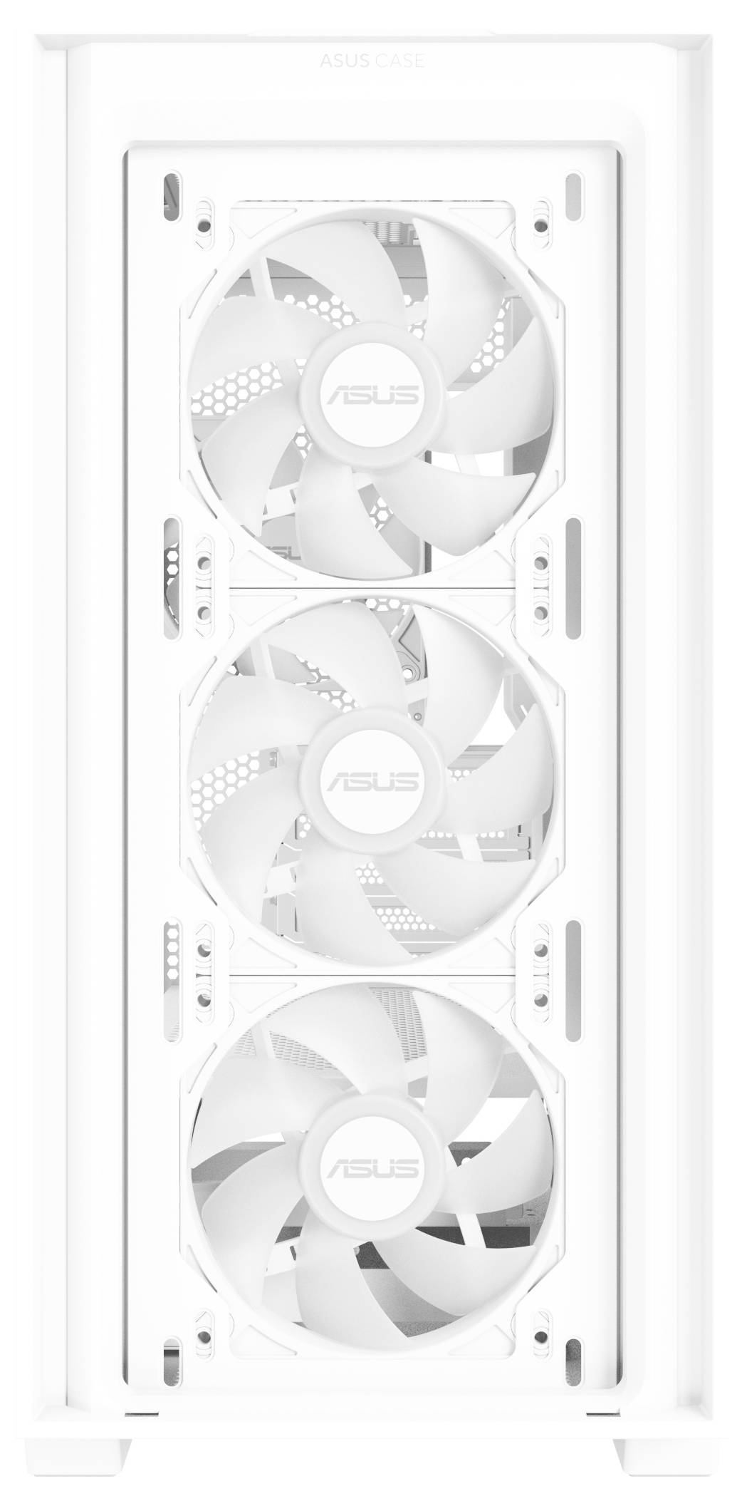 'Weißes Computergehäuse mit drei großen Lüftern an der Vorderseite, Markenname auf jedem Lüfter sichtbar.'