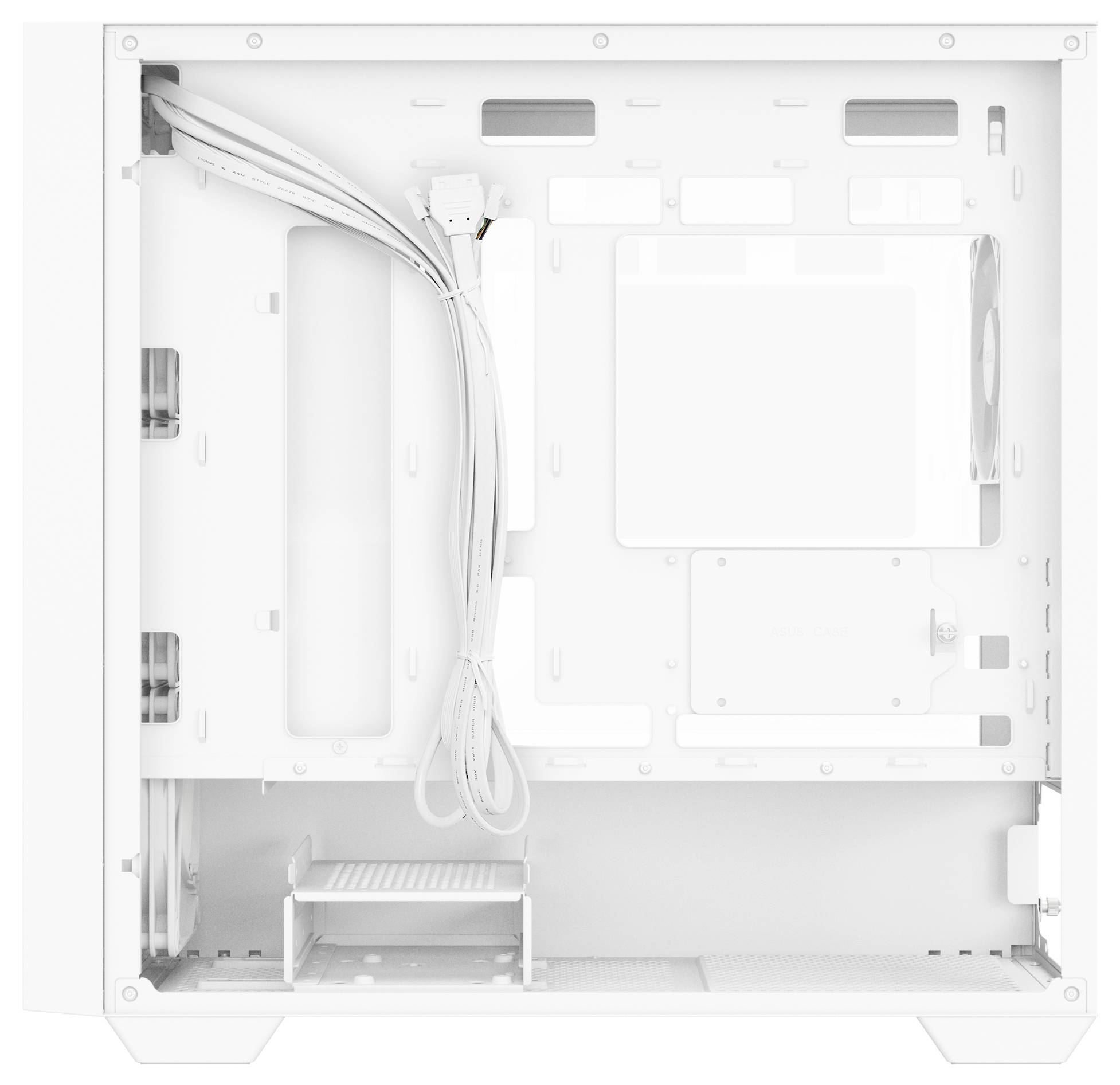 Ein leerer, weißer Computergehäuse-Innenraum mit Kabeln an der Seite, Platz für Motherboard und Laufwerke.