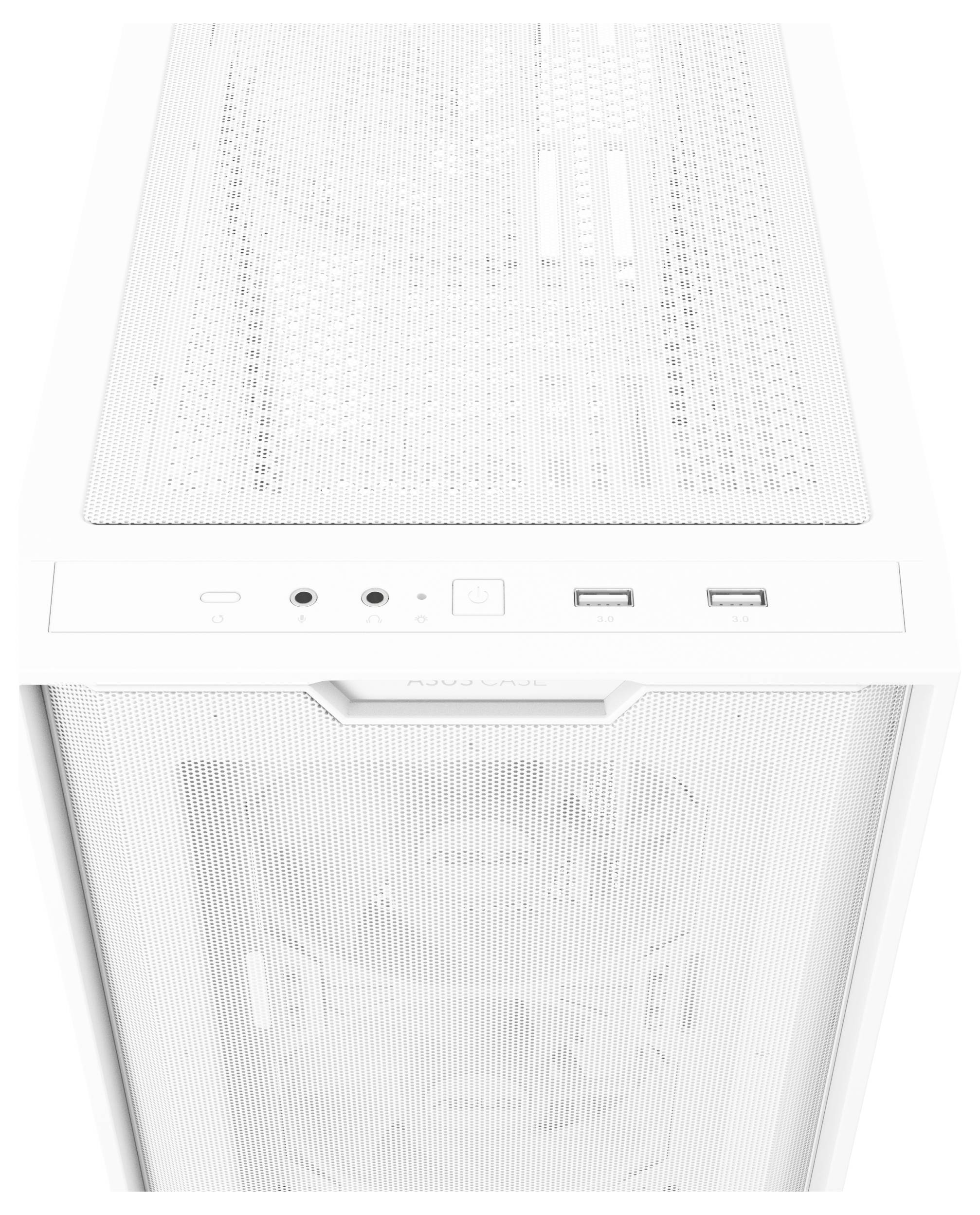 Weißes Computergehäuse von oben gesehen, mit USB-Anschlüssen und Lüftungsgitter.
