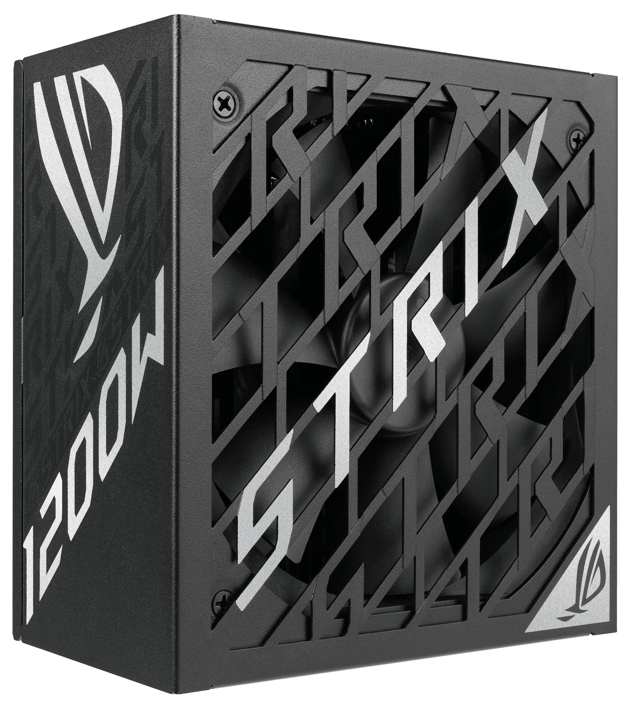 'Schwarzes PC-Netzteil mit der Aufschrift STRIX und 1200W. Kühllüfter sichtbar hinter einem Gitter mit geometrischem Muster.'