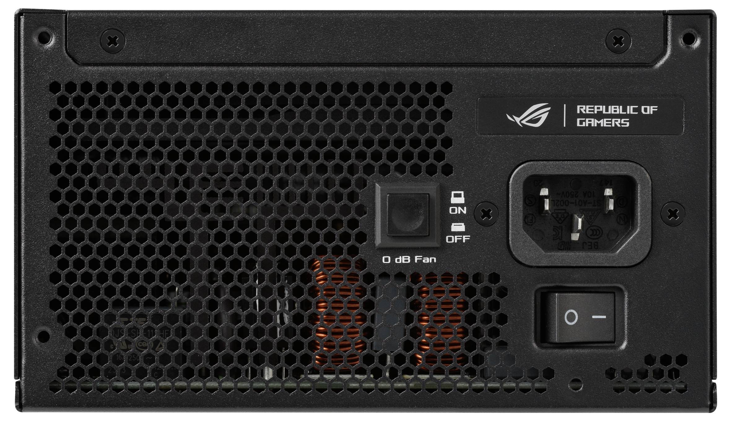 Ein Computer-Netzteil mit Lüftungsgitter, Schalter, Stromanschluss und 'Republic of Gamers'-Logo, geeignet für Gaming-PCs.