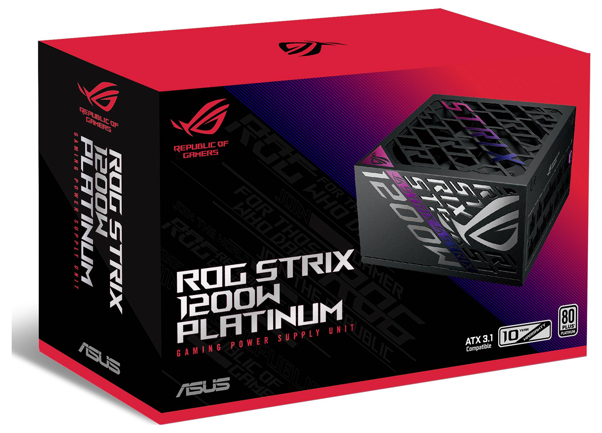 'ROG Strix 1200W Platinum' Netzteil-Verpackung, schwarz mit grafischem Muster, 80 Plus Platinum zertifiziert, für Gaming geeignet.
